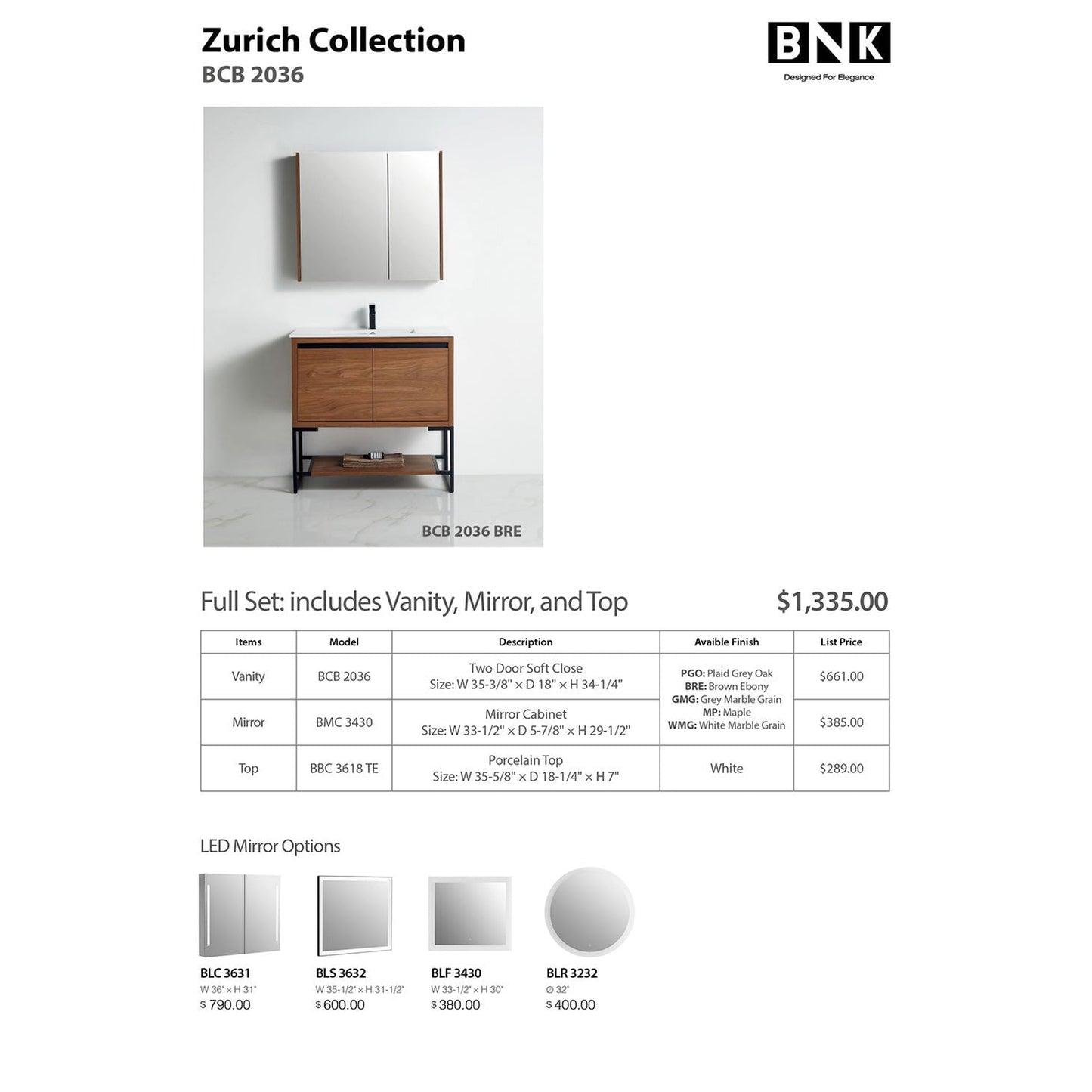 BNK BCB2036BRE Zurich Brown Ebony Vanity Only Two-Door Soft Close