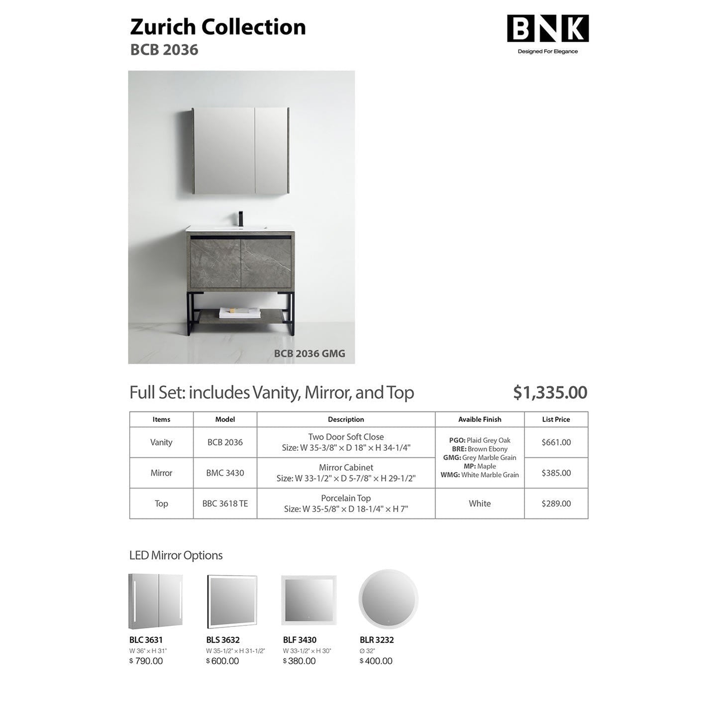 BNK BCB2036GMG Zurich Grey Mable Grain Vanity Only Two-Door Soft Close