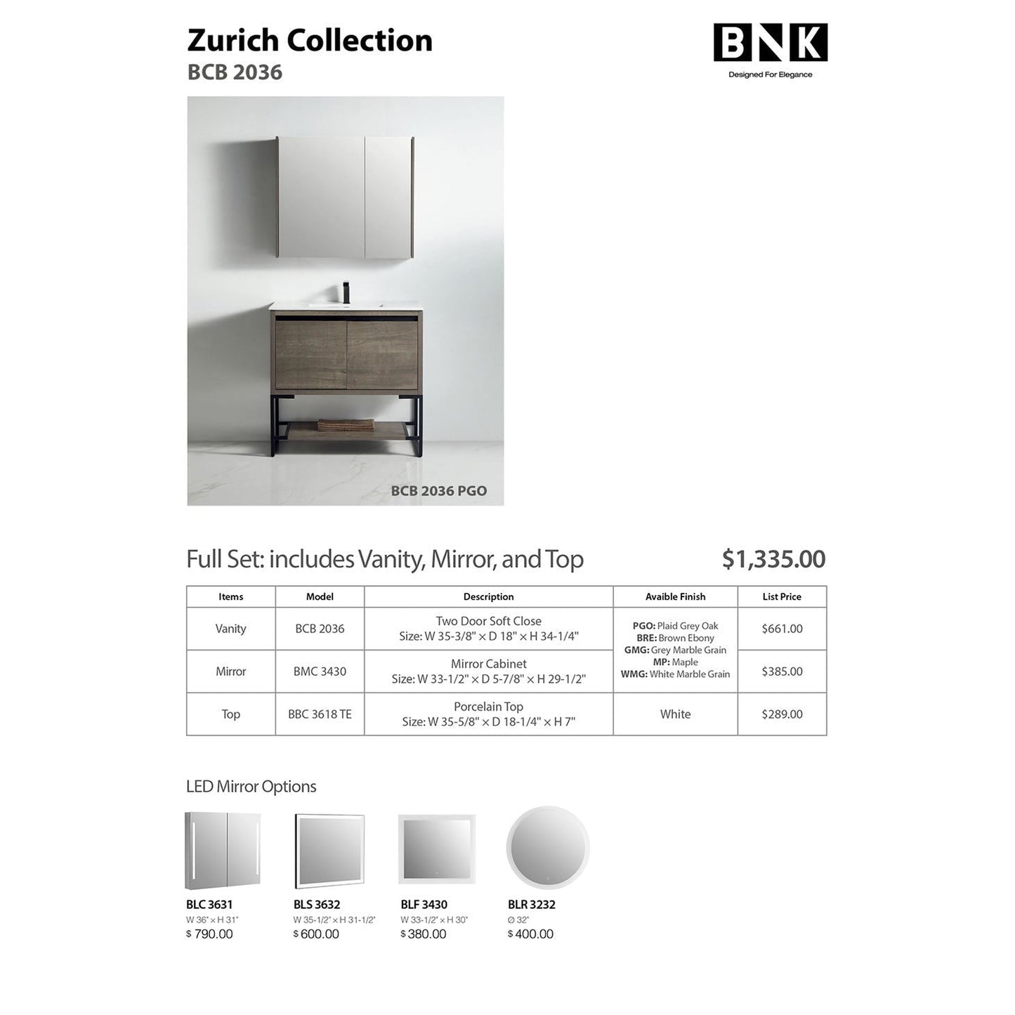 BNK BCB2036PGO Zurich Plaid Grey Oak Vanity Only Two-Door Soft Close