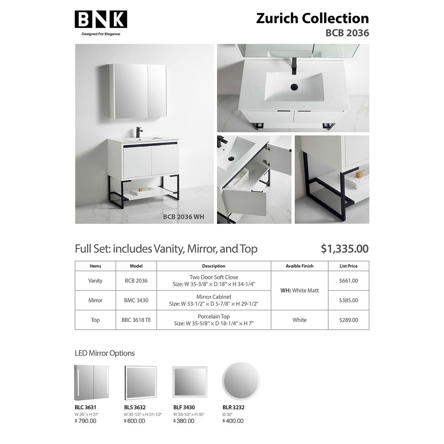BNK BCB2036WH Zurich White Matt Vanity Only Two-Door Soft Close
