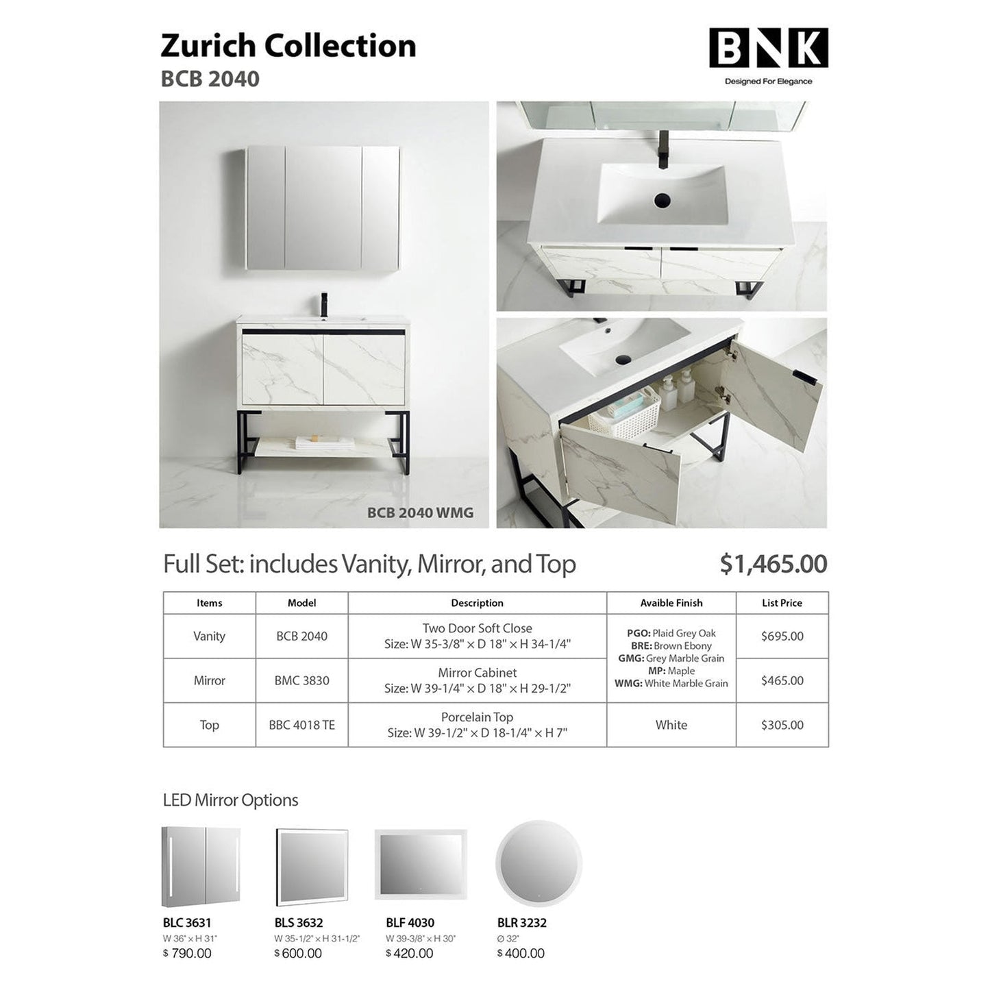 BNK BCB2040WMG Zurich White Mable Grain Vanity Only Three-Door Soft Close
