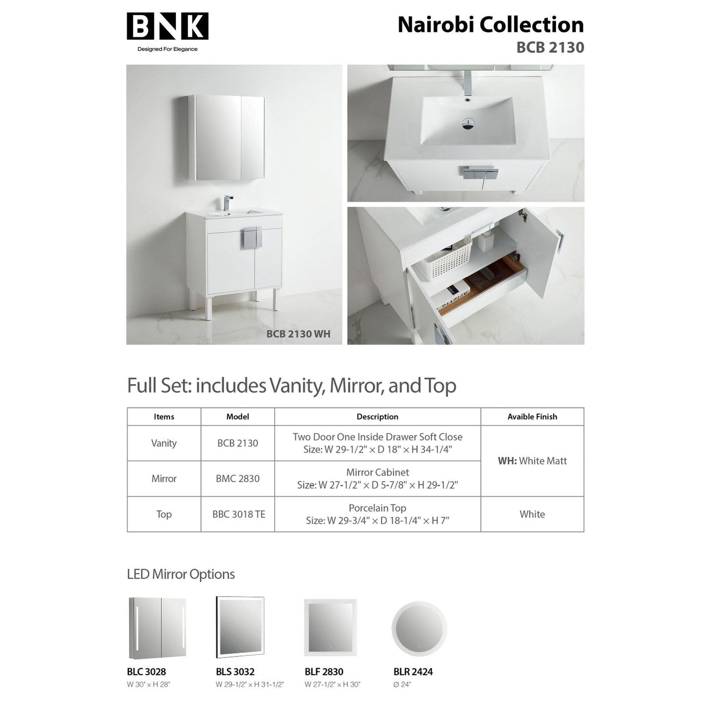 BNK BCB2130 Nairobi White Matt Vanity Only Two-Door One Inside Drawer Soft Close