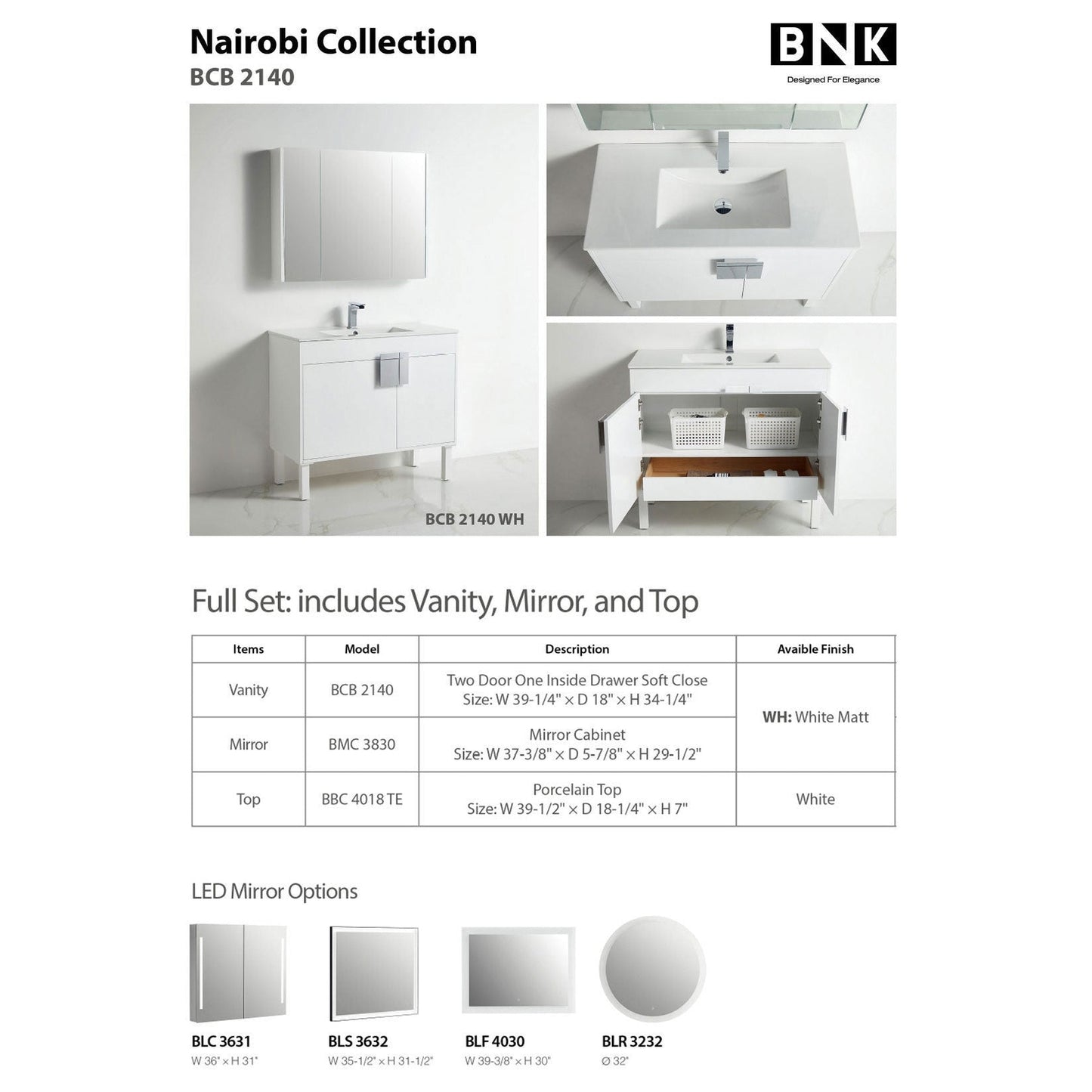 BNK BCB2140 Nairobi White Matt Vanity Only Three-Door One Inside Drawer Soft Close