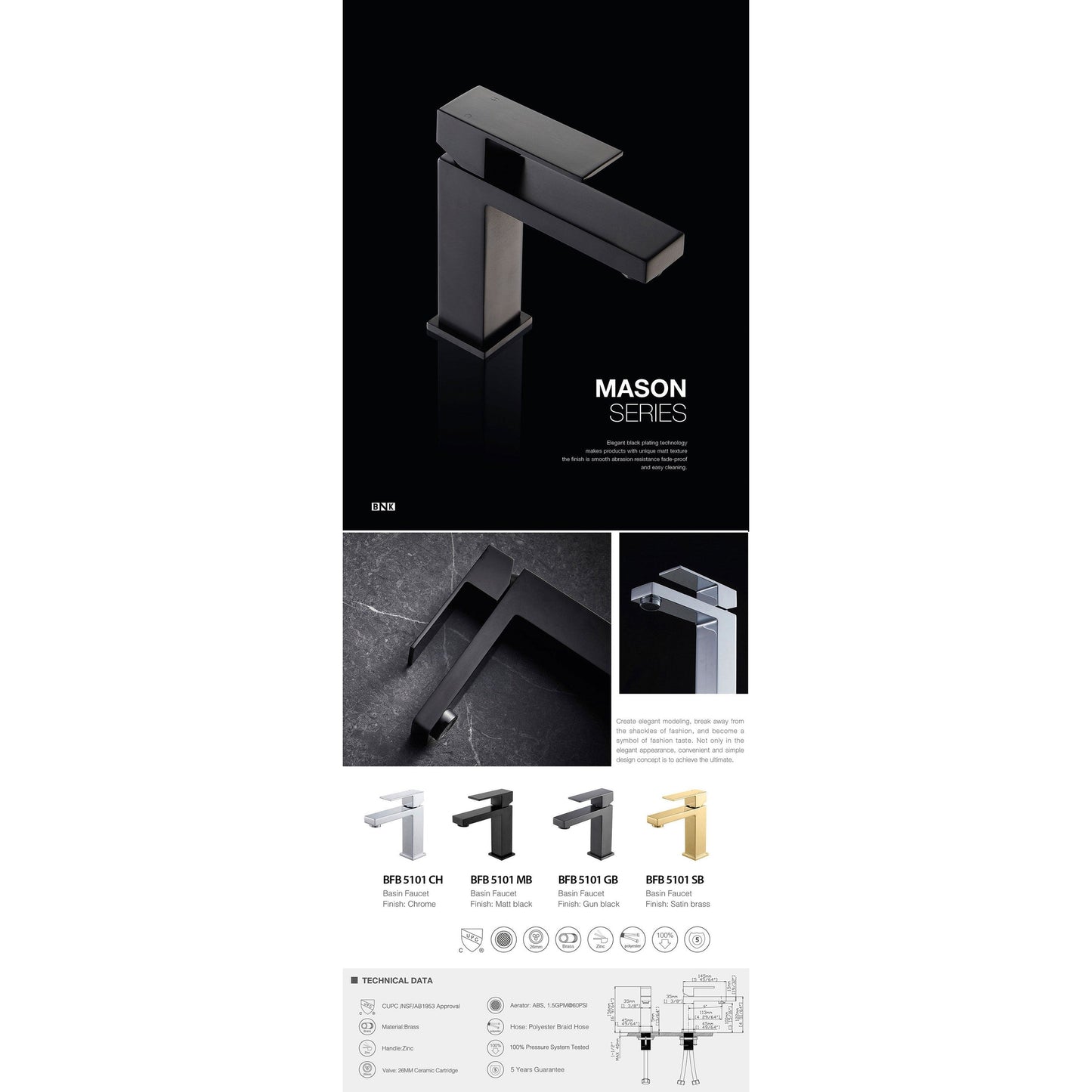 BNK BFB5101MB Matt Black Single Handle Lavatory Faucet With Single-Hole Mounted