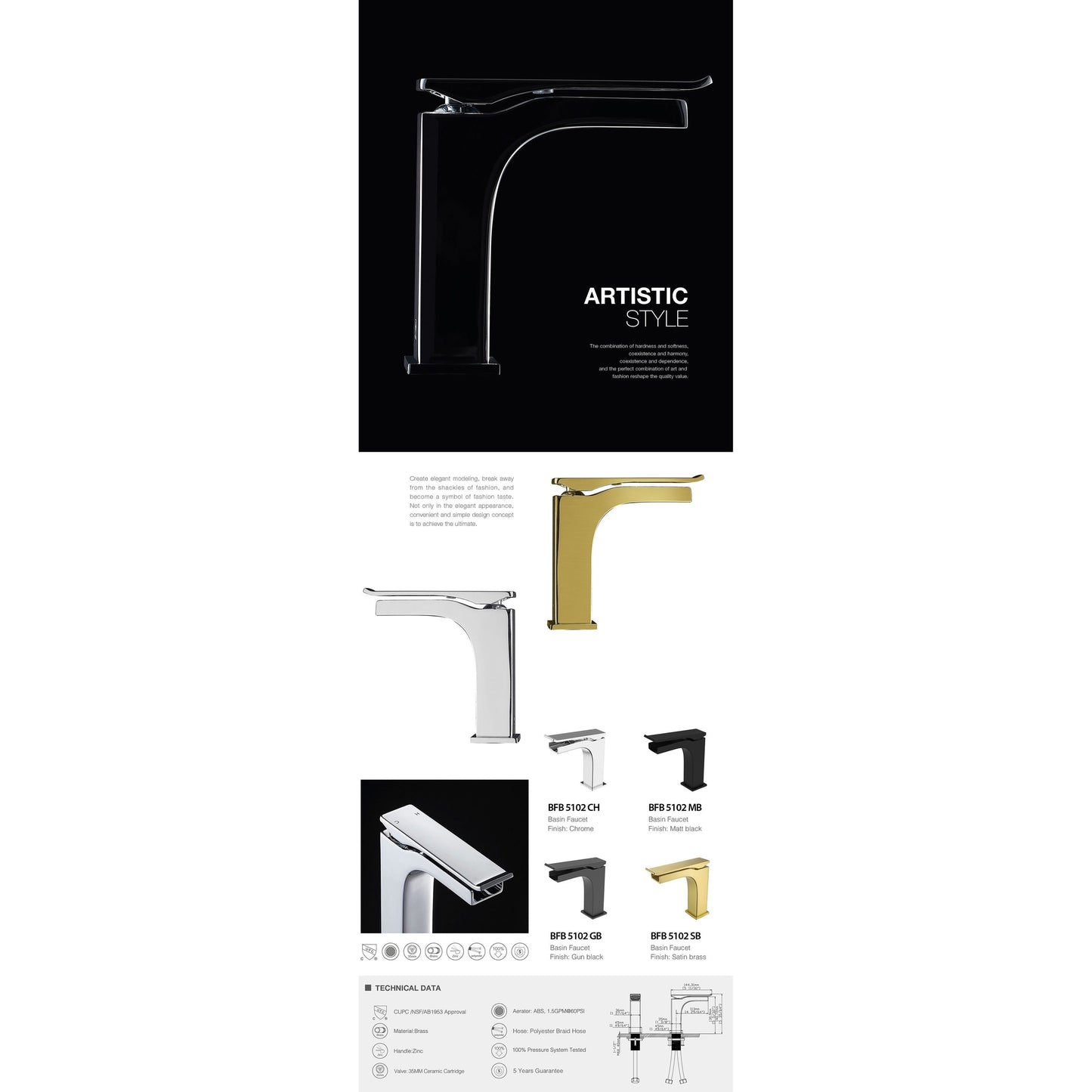 BNK BFB5102SB Satin Brass Single Handle Lavatory Faucet With Single-Hole Mounted