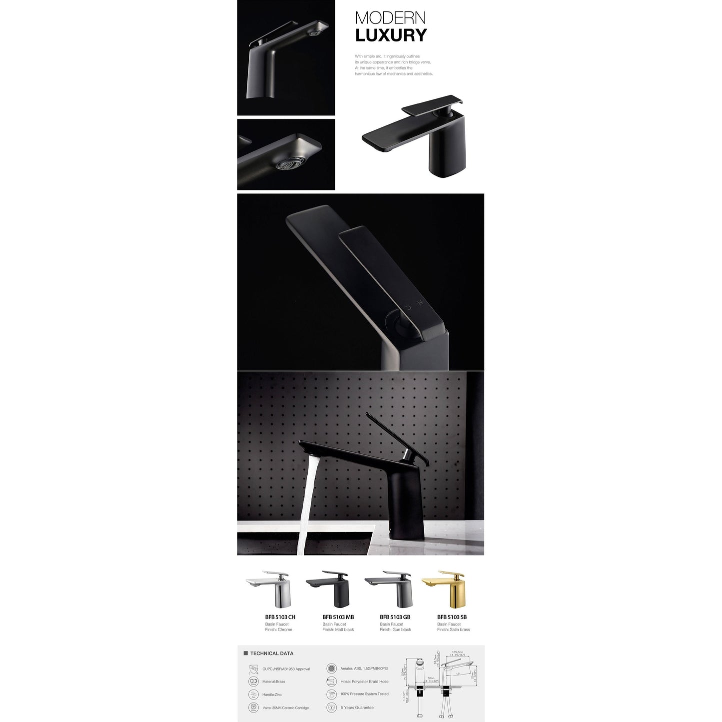 BNK BFB5103MB Matt Black Single Handle Lavatory Faucet With Single-Hole Mounted