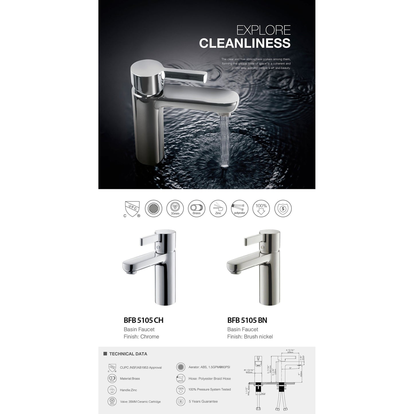 BNK BFB5105CH Polished Chrome Single Handle Lavatory Faucet With Single-Hole Mounted