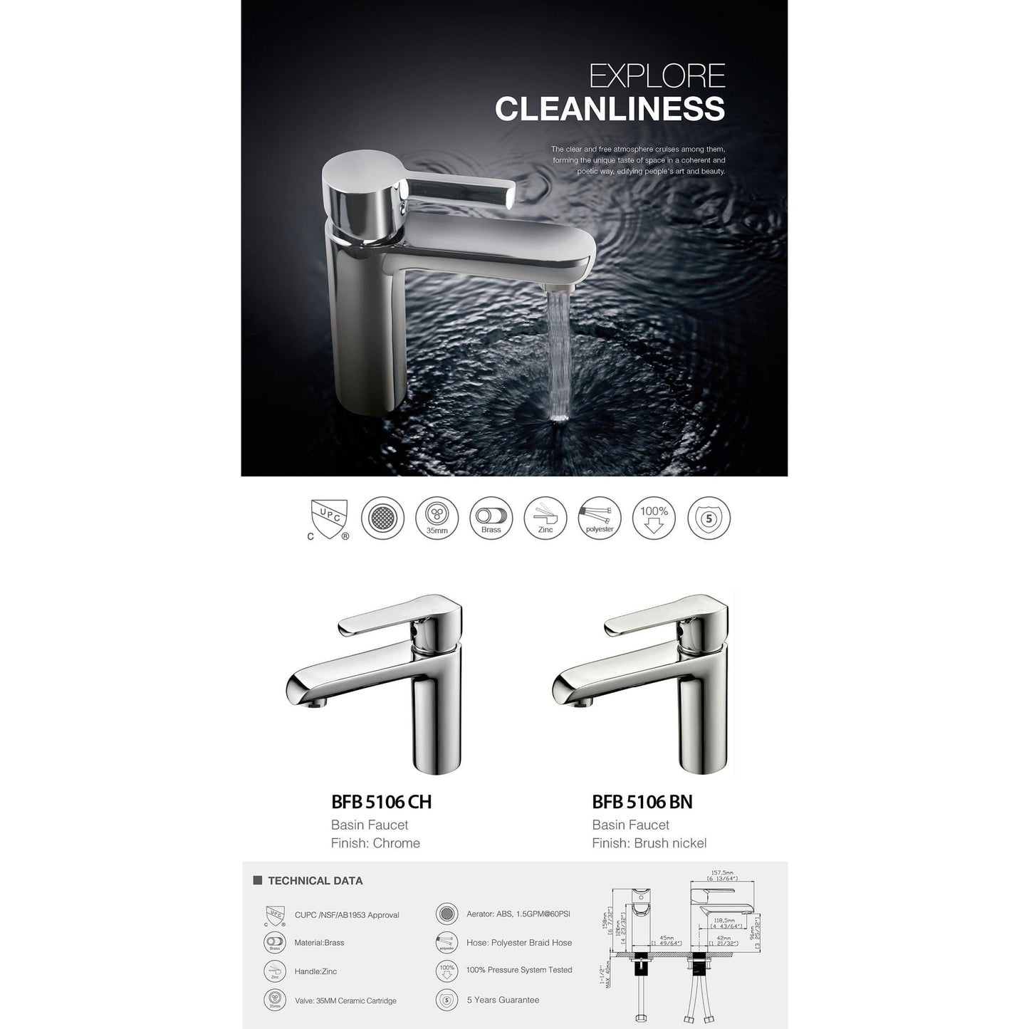 BNK BFB5106BN Brushed Nickel Single Handle Lavatory Faucet With Single-Hole Mounted