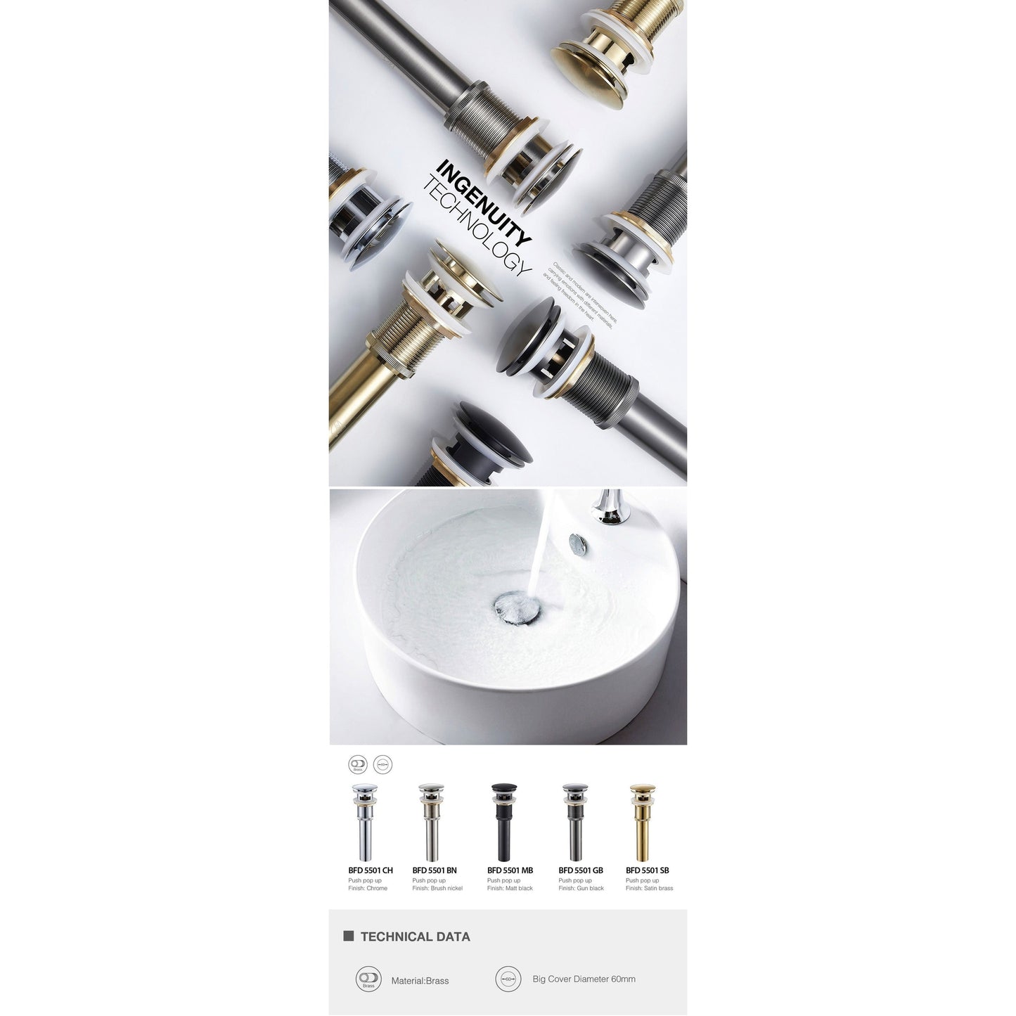 BNK BFD5501CH Polished Chrome Push Pop Up With Overflow Hole