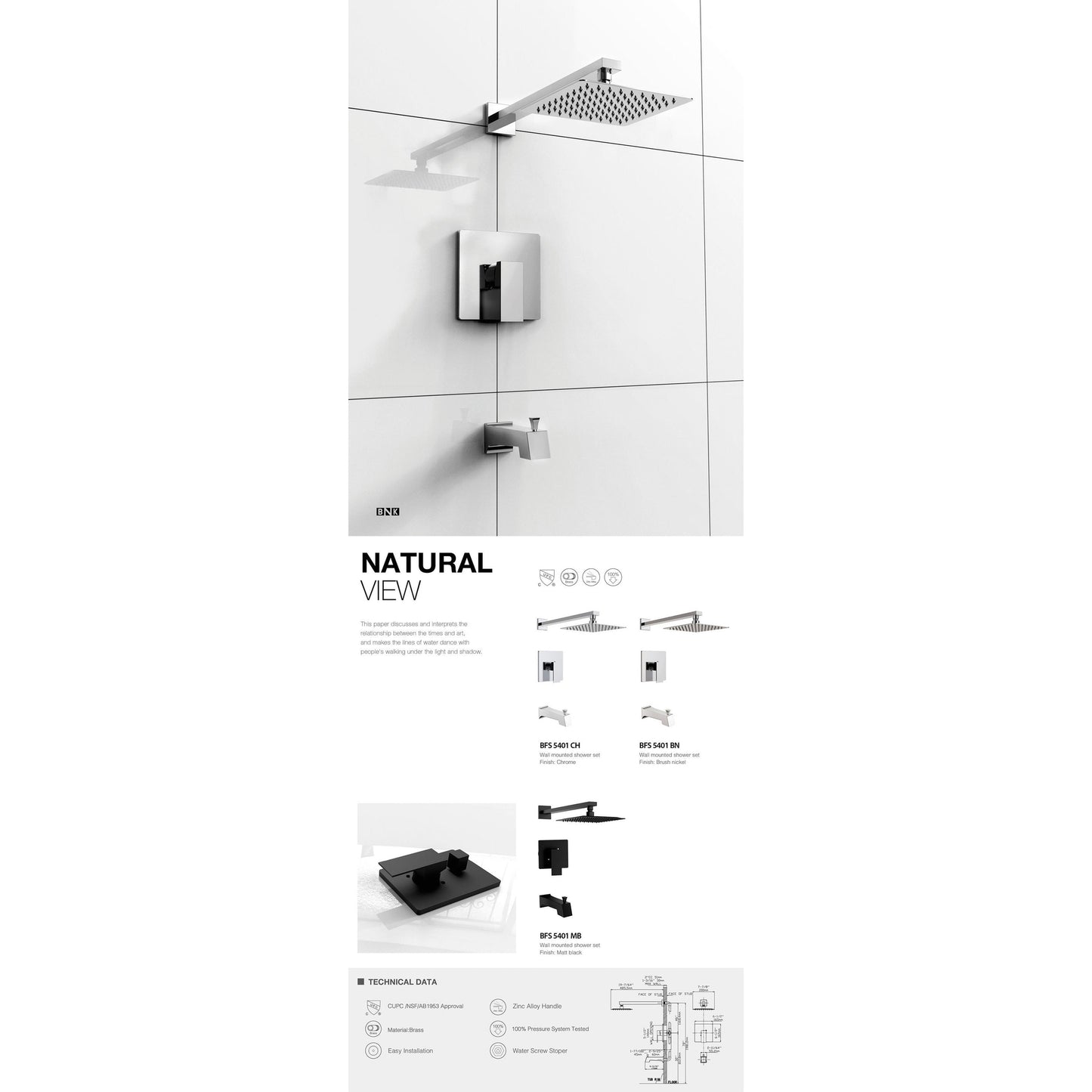 BNK BFS5401BN Brushed Nickel Shower And Tub Faucet