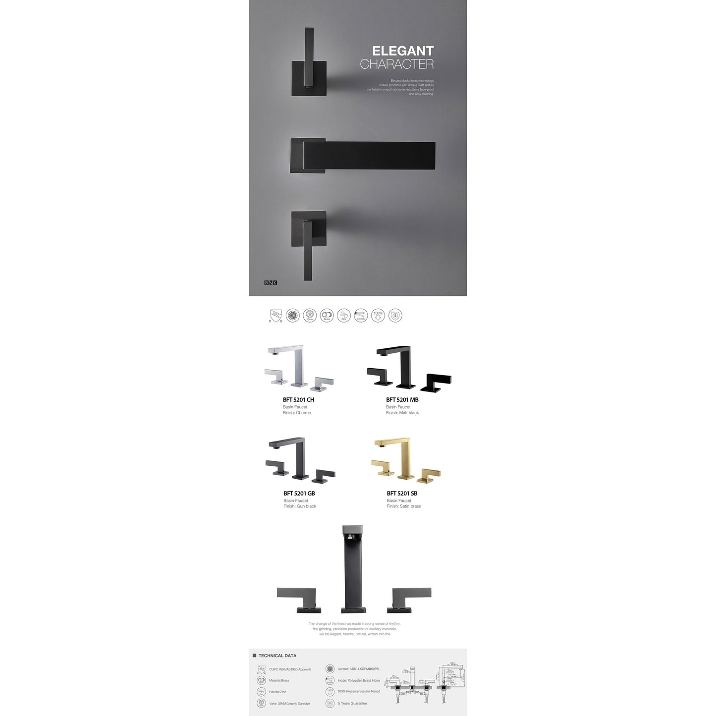 BNK BFT5201MB Matt Black Double Handle Lavatory Faucet With Three-Hole Mounted