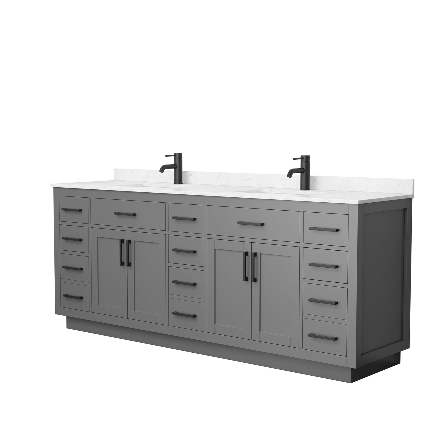 Beckett 84" Double Bathroom Vanity With Toe Kick in Dark Gray, Carrara Cultured Marble Countertop, Undermount Square Sinks, Matte Black Trim