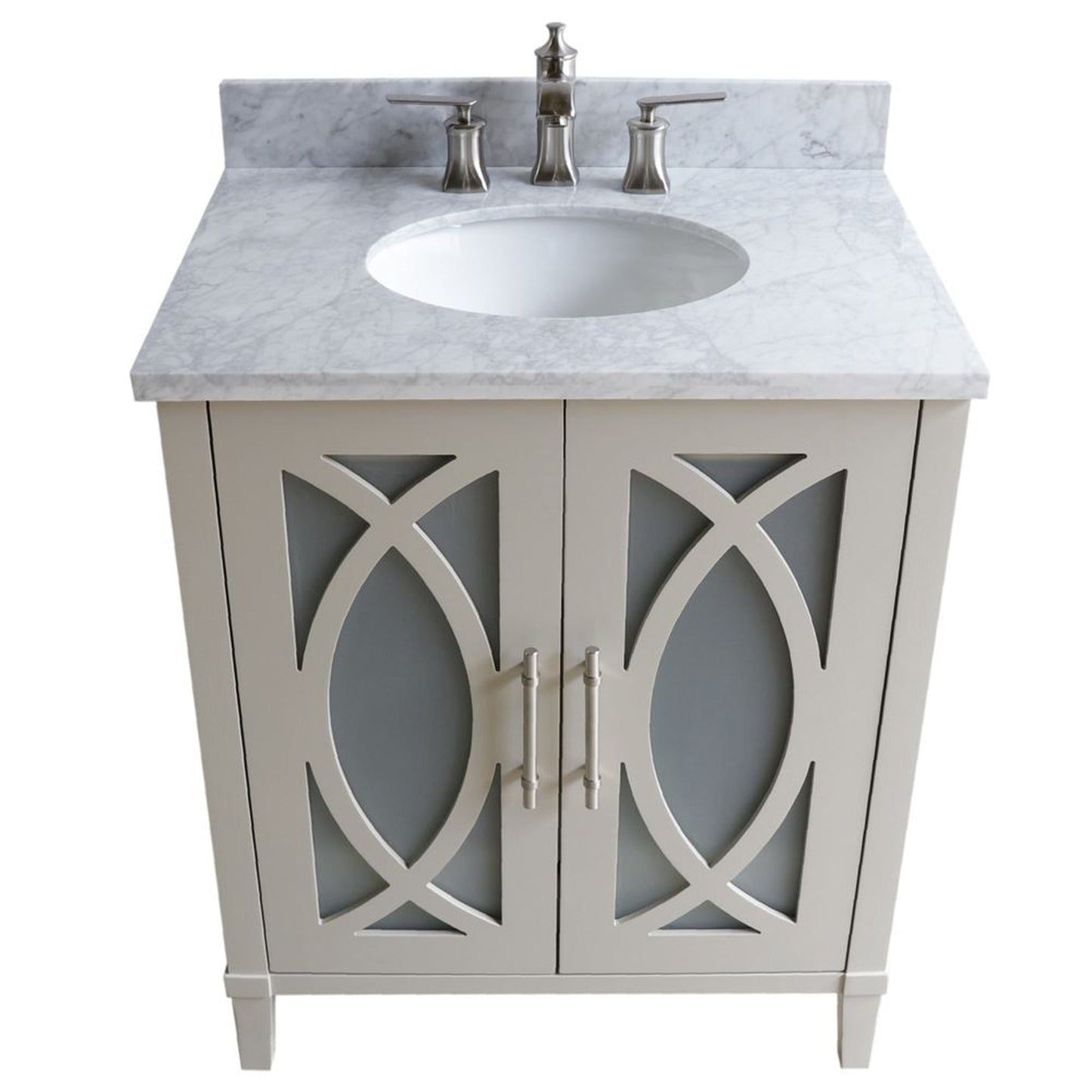 Bellaterra Home 30" 2-Door 1-Drawer Light Gray Freestanding Vanity Set With Ceramic Undermount Oval Sink and White Carrara Marble Top