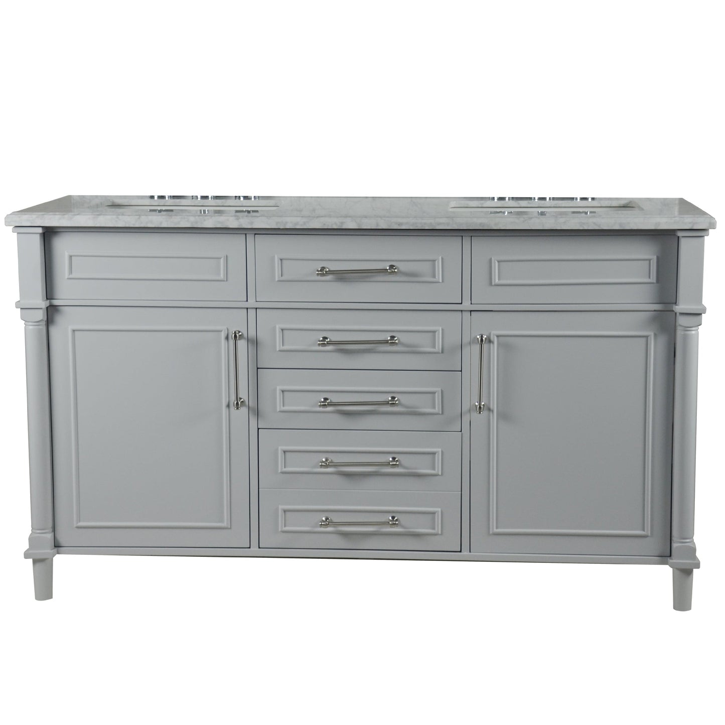 Bellaterra Home Napa 60" 2-Door 4-Drawer Gray Freestanding Vanity Set With Ceramic Undermount Rectangular Sink and White Carrara Marble Top, and Brushed Nickel Hardware