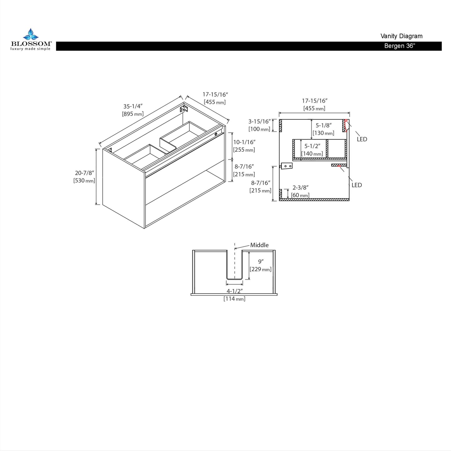 Blossom Bergen 36" Brown Walnut Vanity With Dual LED Lights and Open Shelf