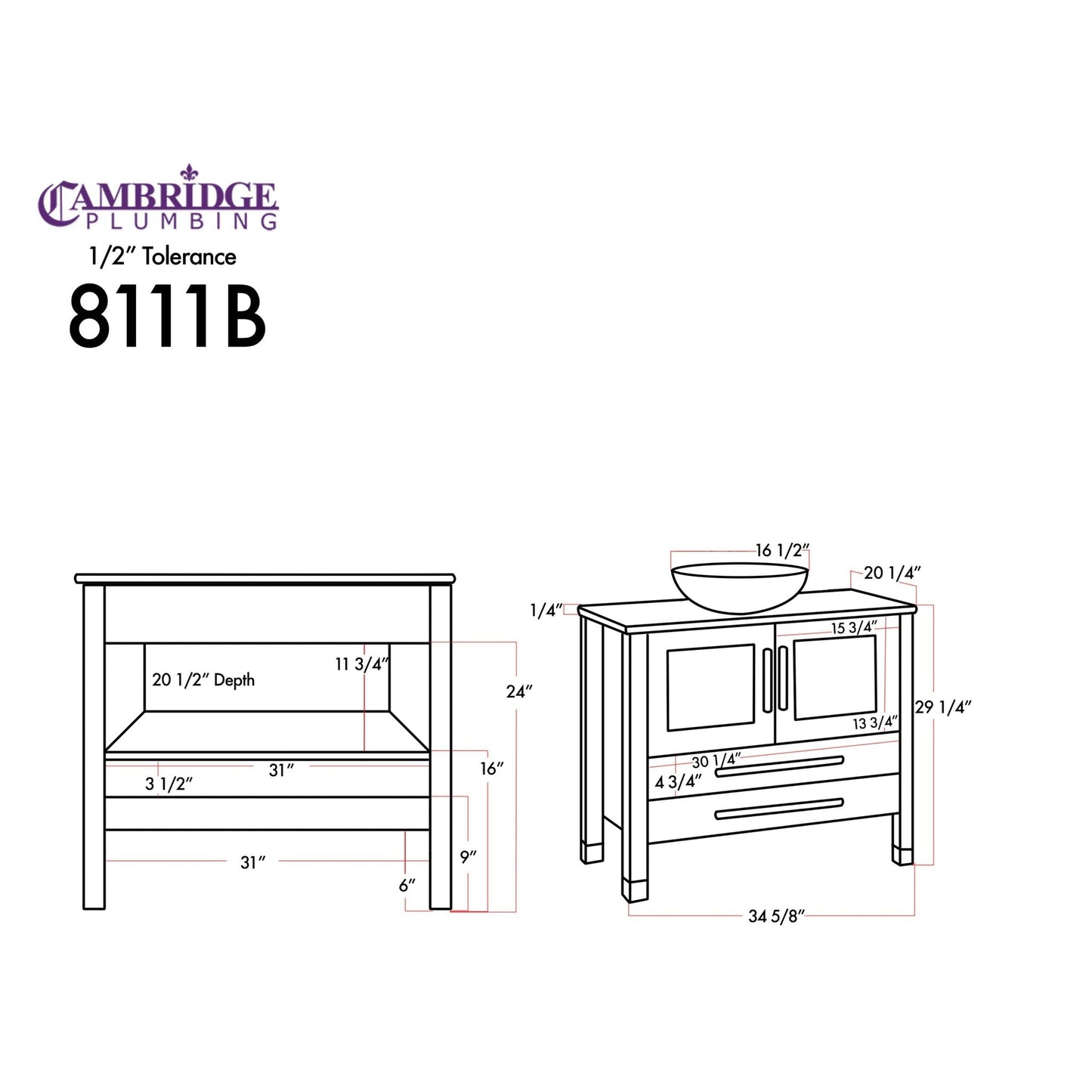 Cambridge Plumbing 36" Modern Wood and Glass Vanity with Brushed Nickel Plumbing-8111BS-BN