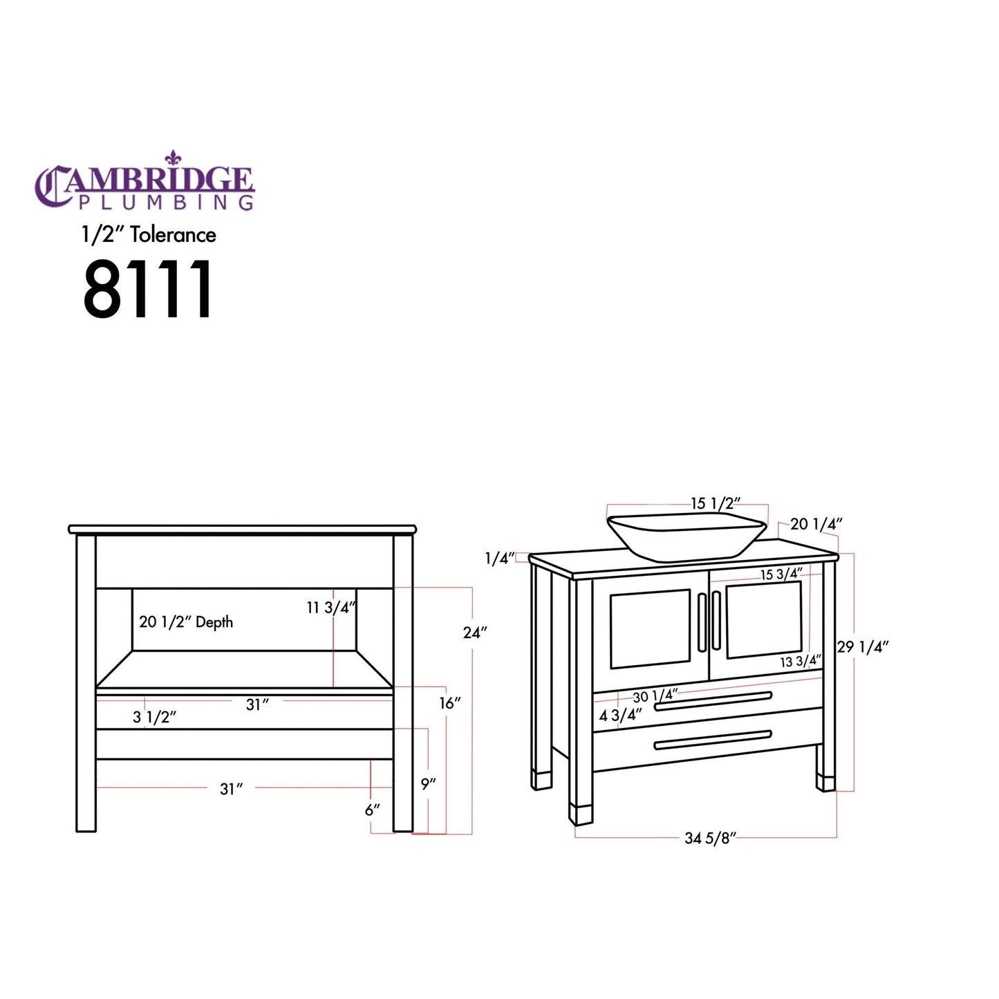 Cambridge Plumbing 36" Modern Wood and Porcelain Vanity with Brushed Nickel Plumbing-8111S-BN