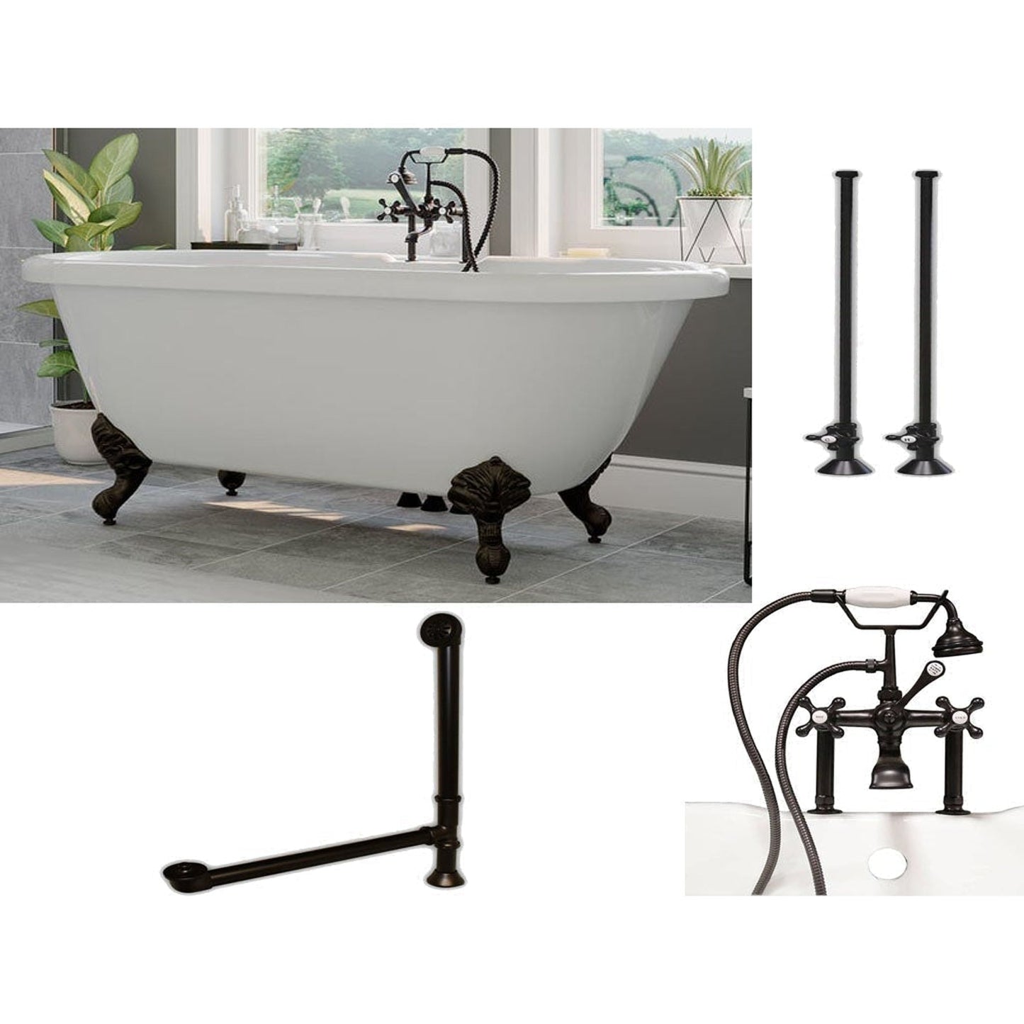 Cambridge Plumbing 60" White Acrylic Double Ended Clawfoot Bathtub With Deck Holes And Complete Plumbing Package Including 6” Riser Deck Mount Faucet, Supply Lines, Drain And Overflow Assembly In Oil Rubbed Bronze