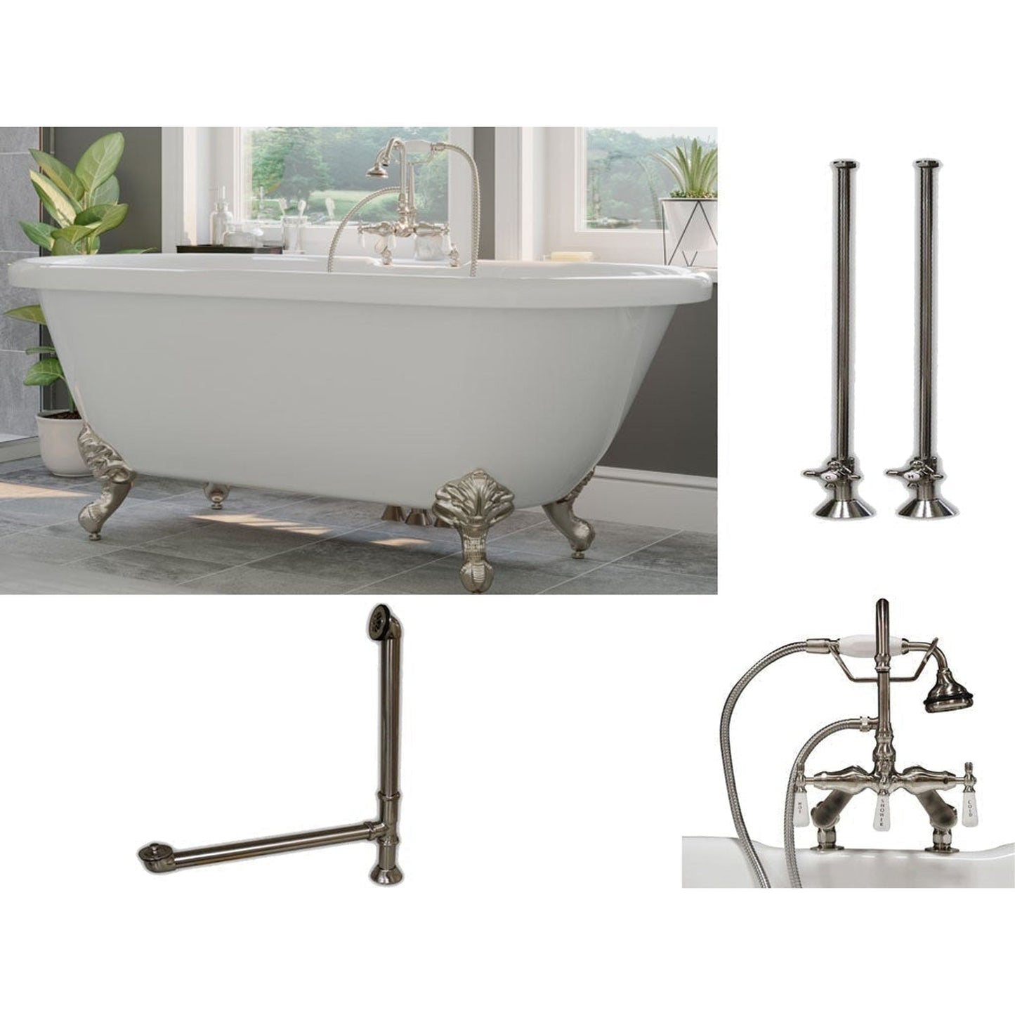 Cambridge Plumbing 60" White Acrylic Double Ended Clawfoot Bathtub With Deck Holes And Complete Plumbing Package Including Porcelain Lever English Telephone Brass Faucet, Supply Lines, Drain And Overflow Assembly In Brushed Nickel