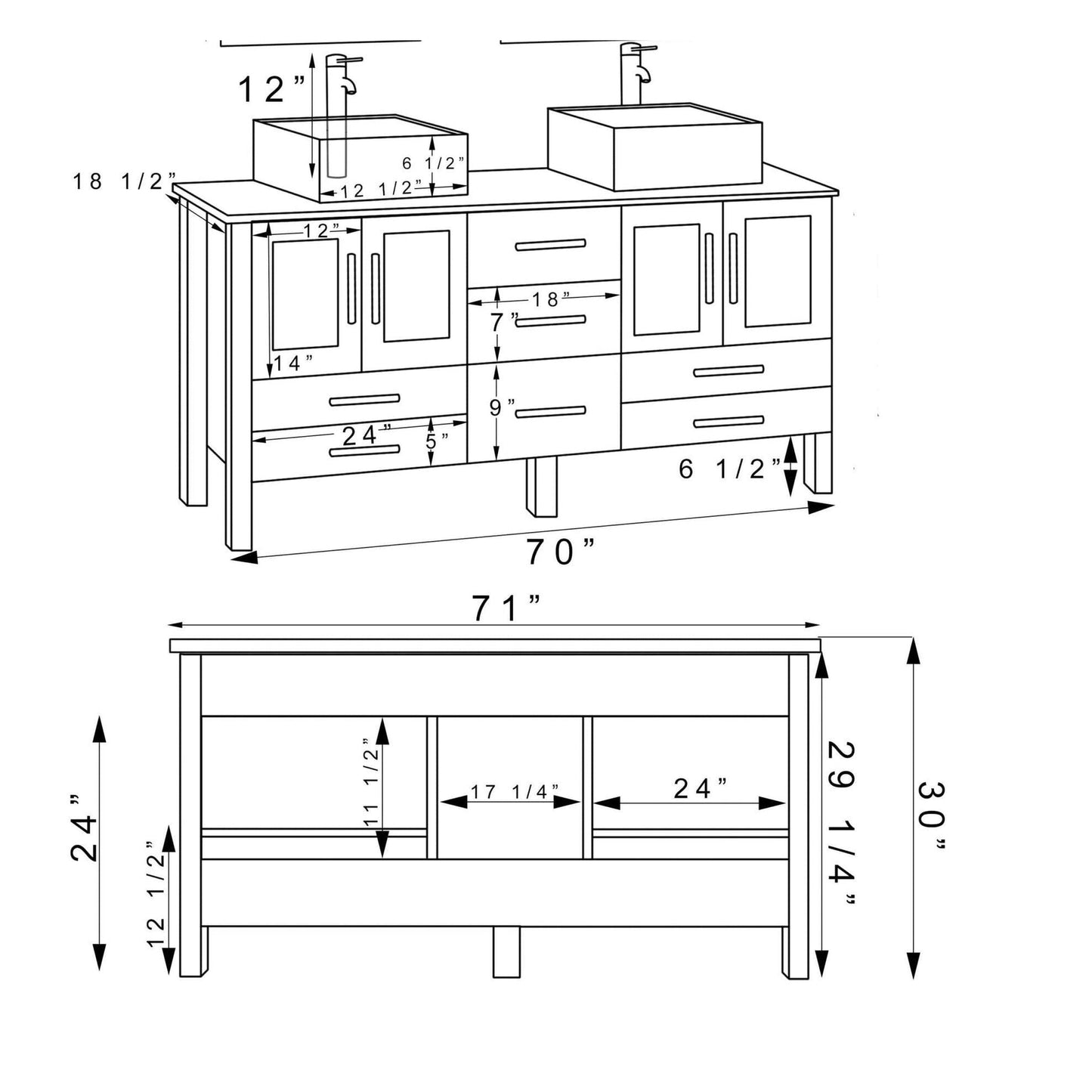 Cambridge Plumbing 72" Modern Wood and Porcelain Vanity with Brushed Nickel Plumbing-8119XLS-BN