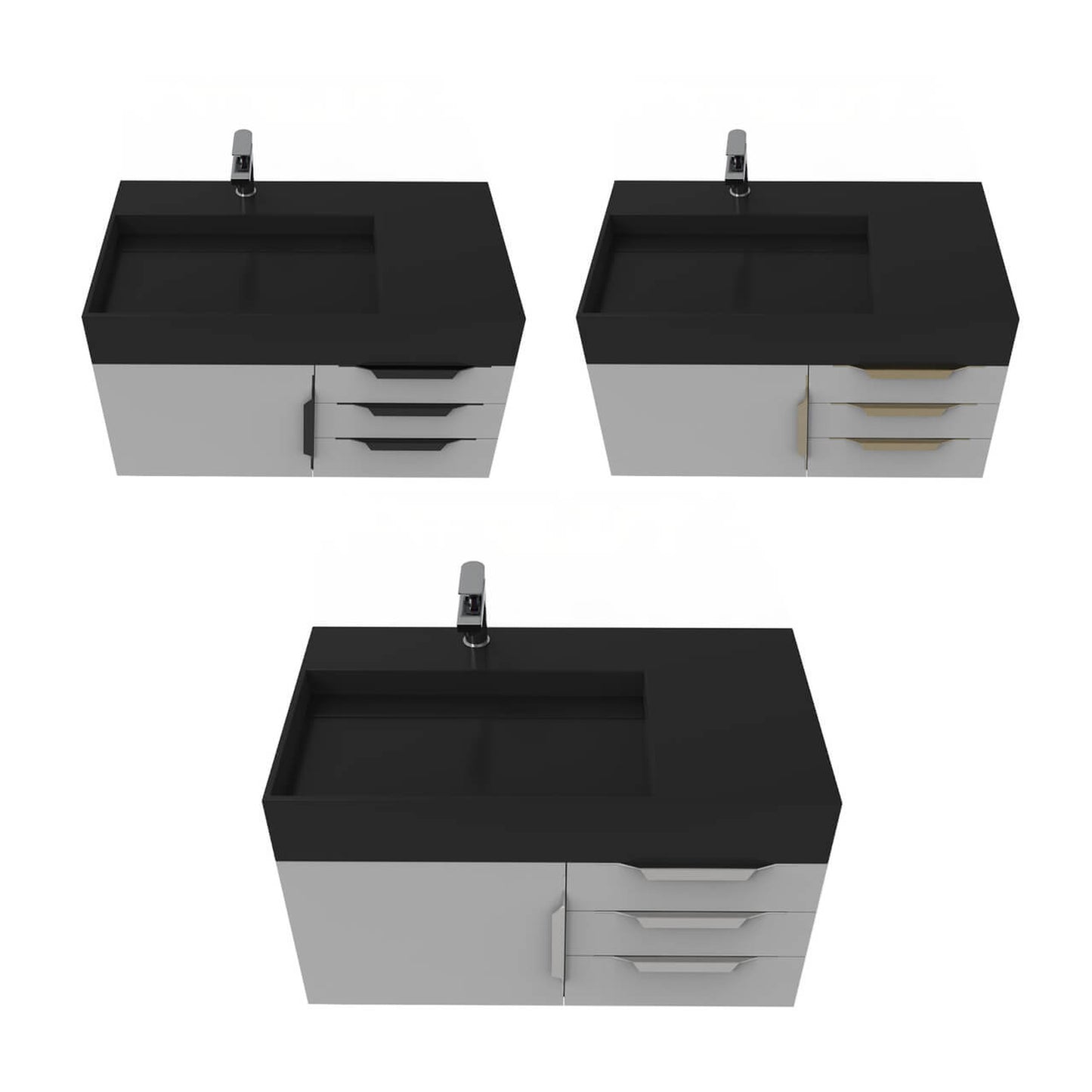 Castello USA Amazon 36" Gray Single Vanity Set With Left Offset Black Top and Gold Handles