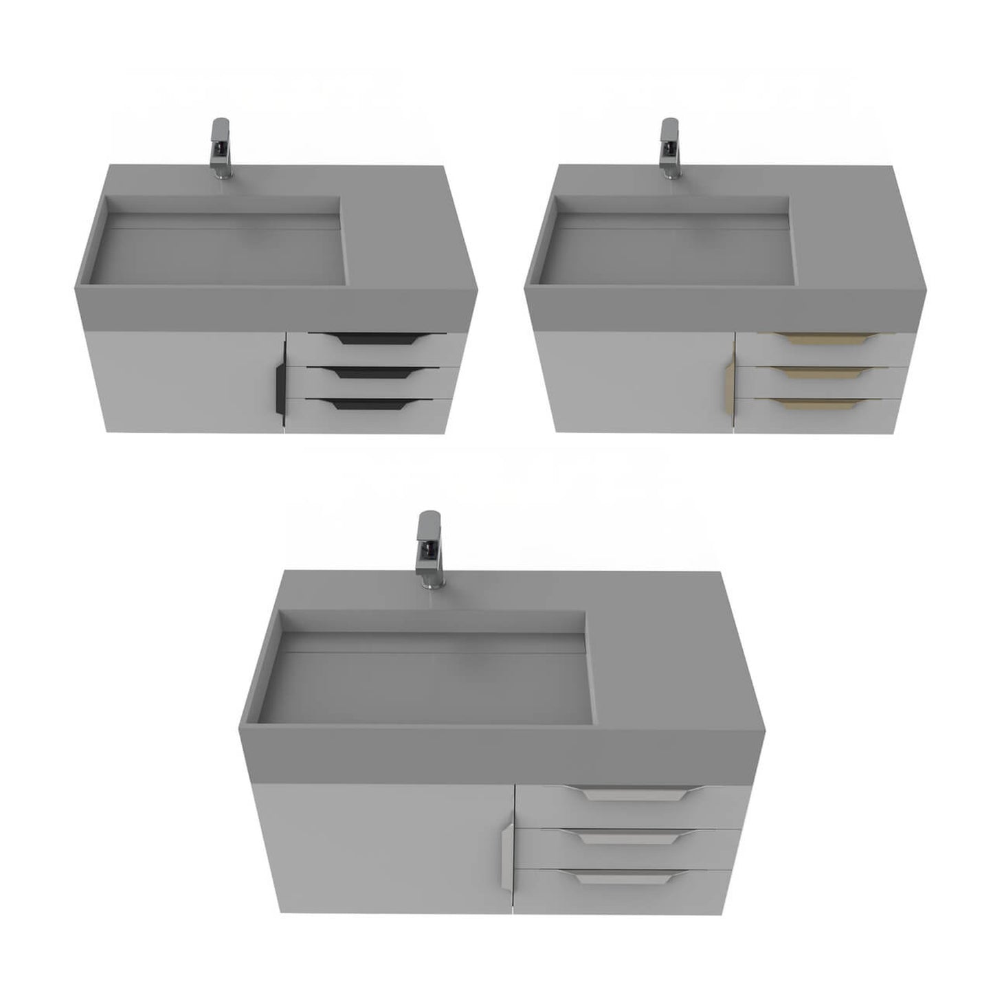 Castello USA Amazon 36" Gray Single Vanity Set With Left Offset Gray Top and Gold Handles