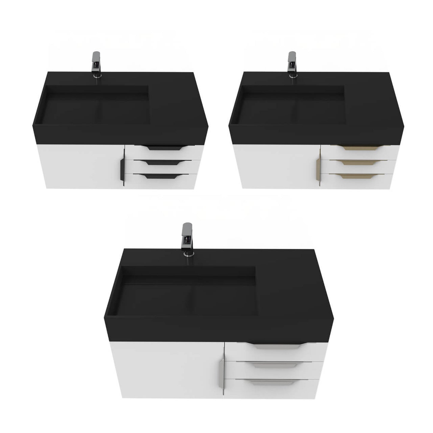 Castello USA Amazon 36" White Single Vanity Set With Left Offset Black Top and Gold Handles