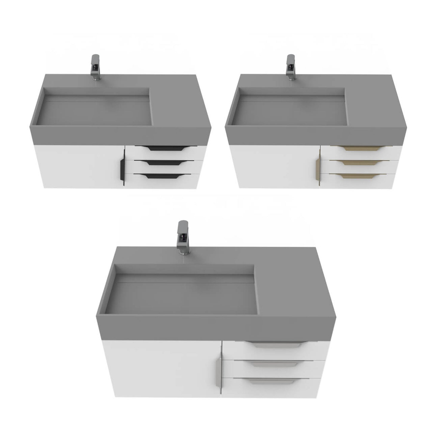 Castello USA Amazon 36" White Single Vanity Set With Left Offset Gray Top and Black Handles