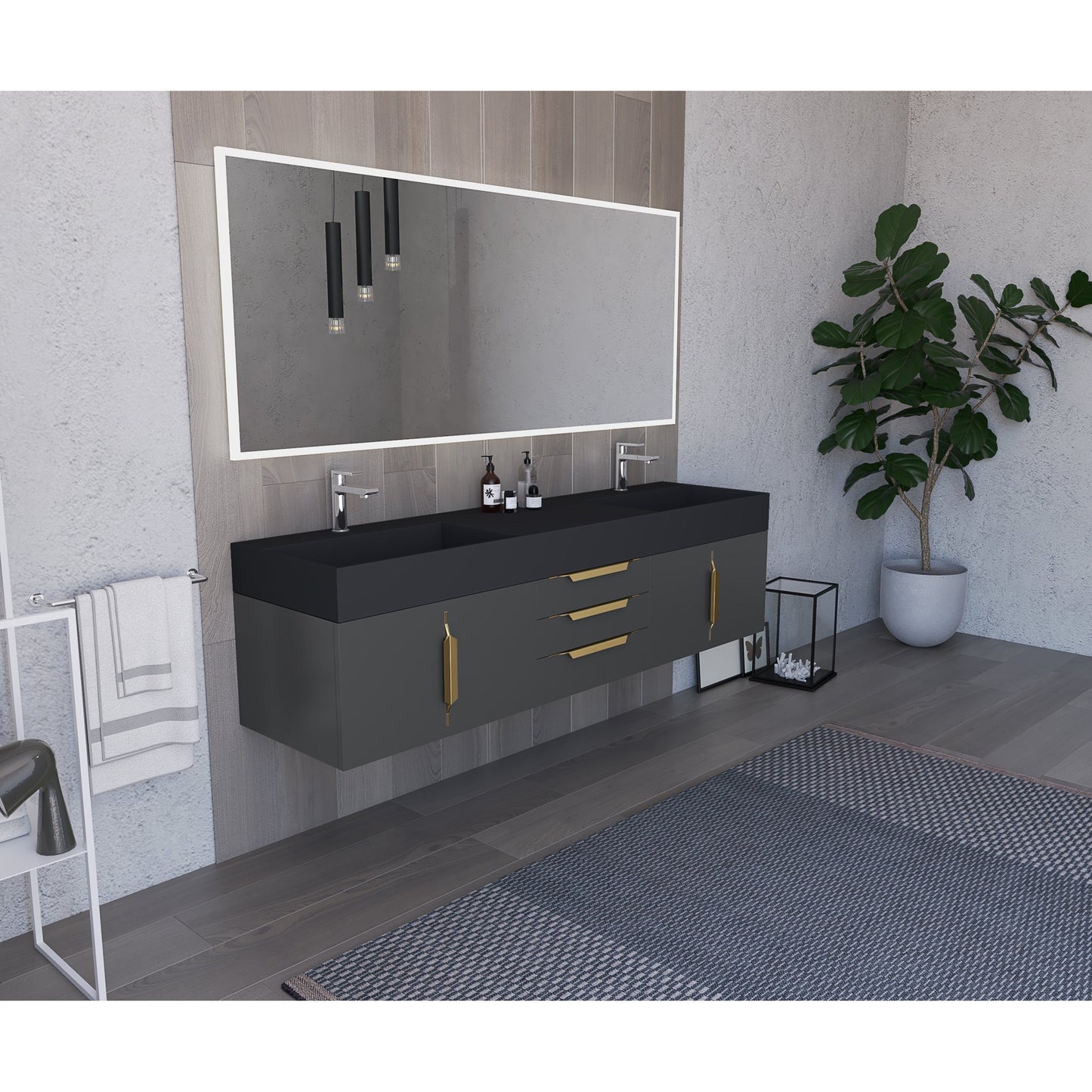 Castello USA Amazon 72" Black Double Vanity Set With Black Top and Gold Handles