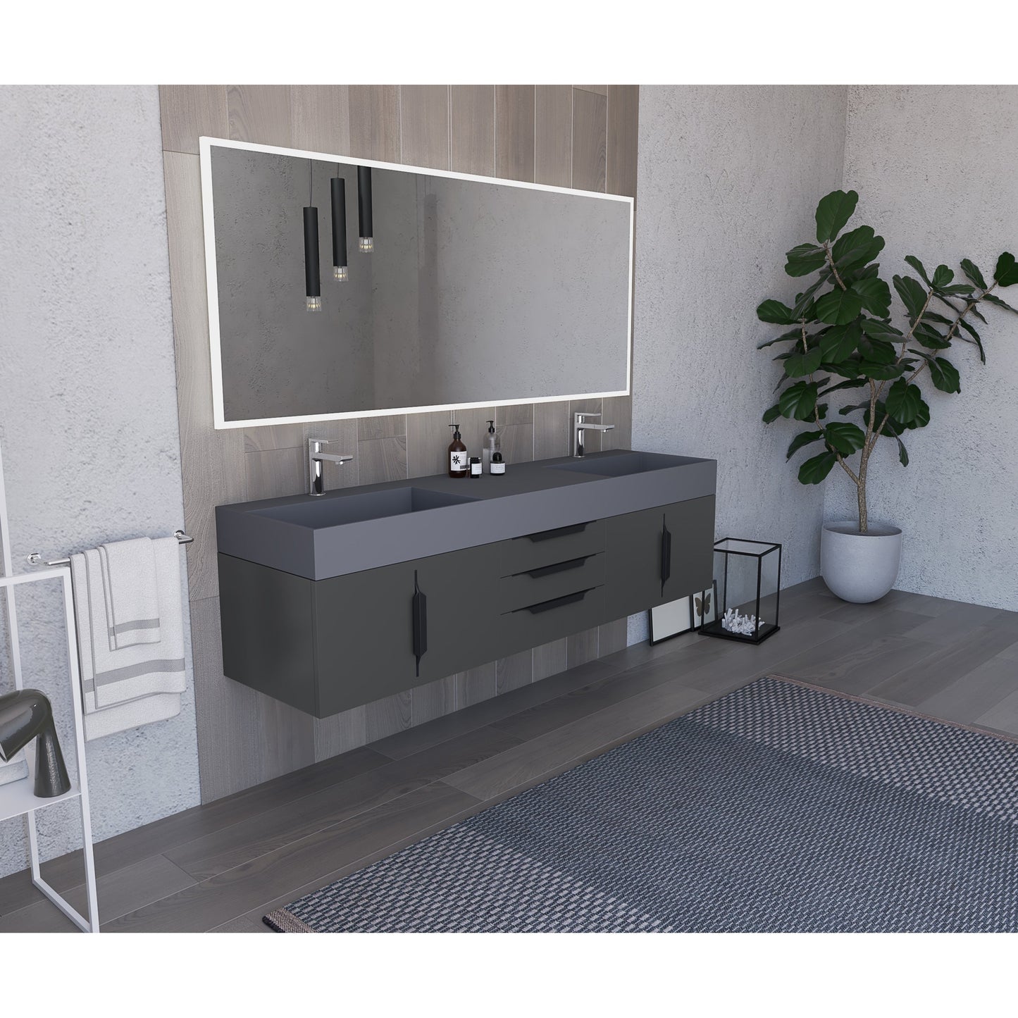 Castello USA Amazon 72" Black Double Vanity Set With Gray Top and Black Handles