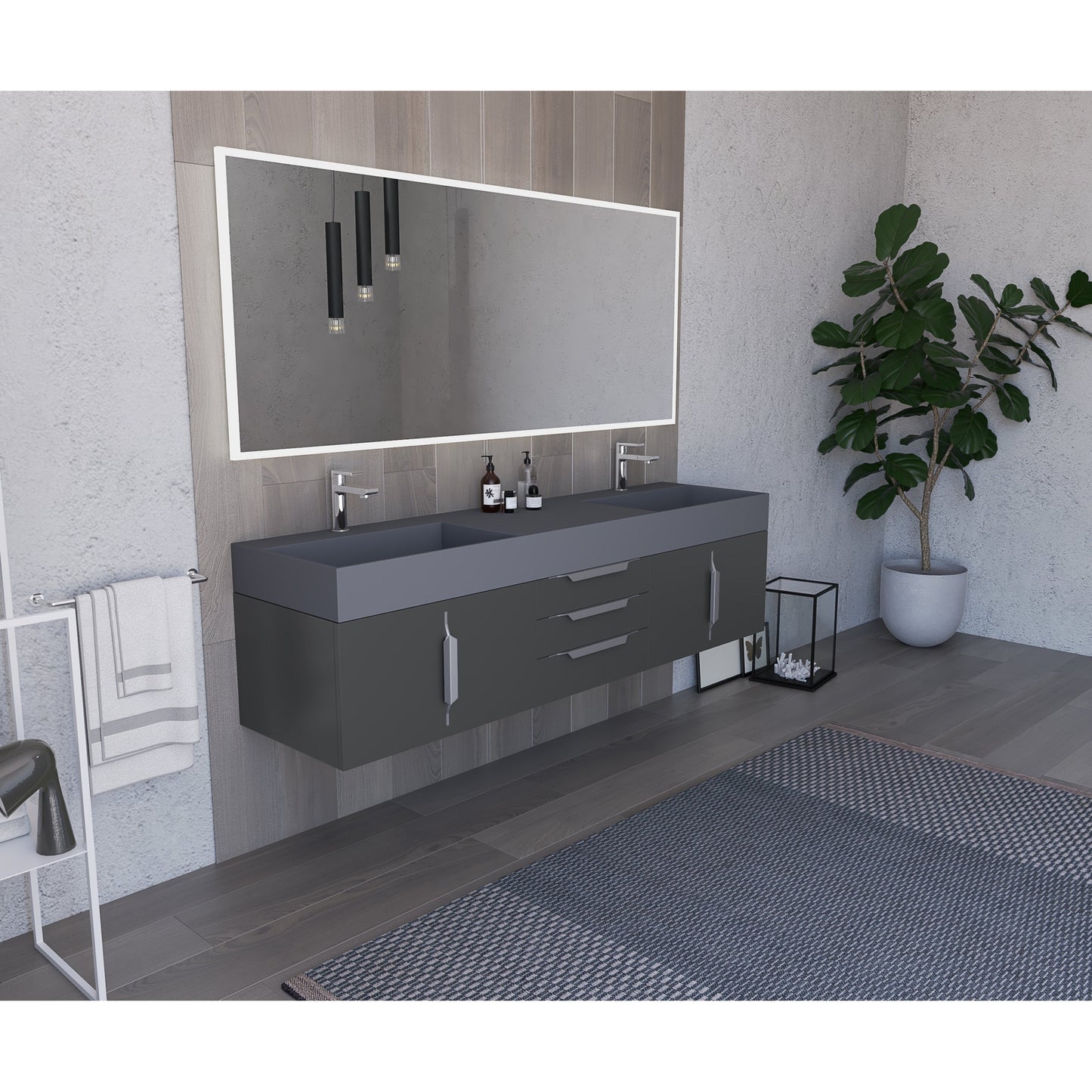 Castello USA Amazon 72" Black Double Vanity Set With Gray Top and Chrome Handles