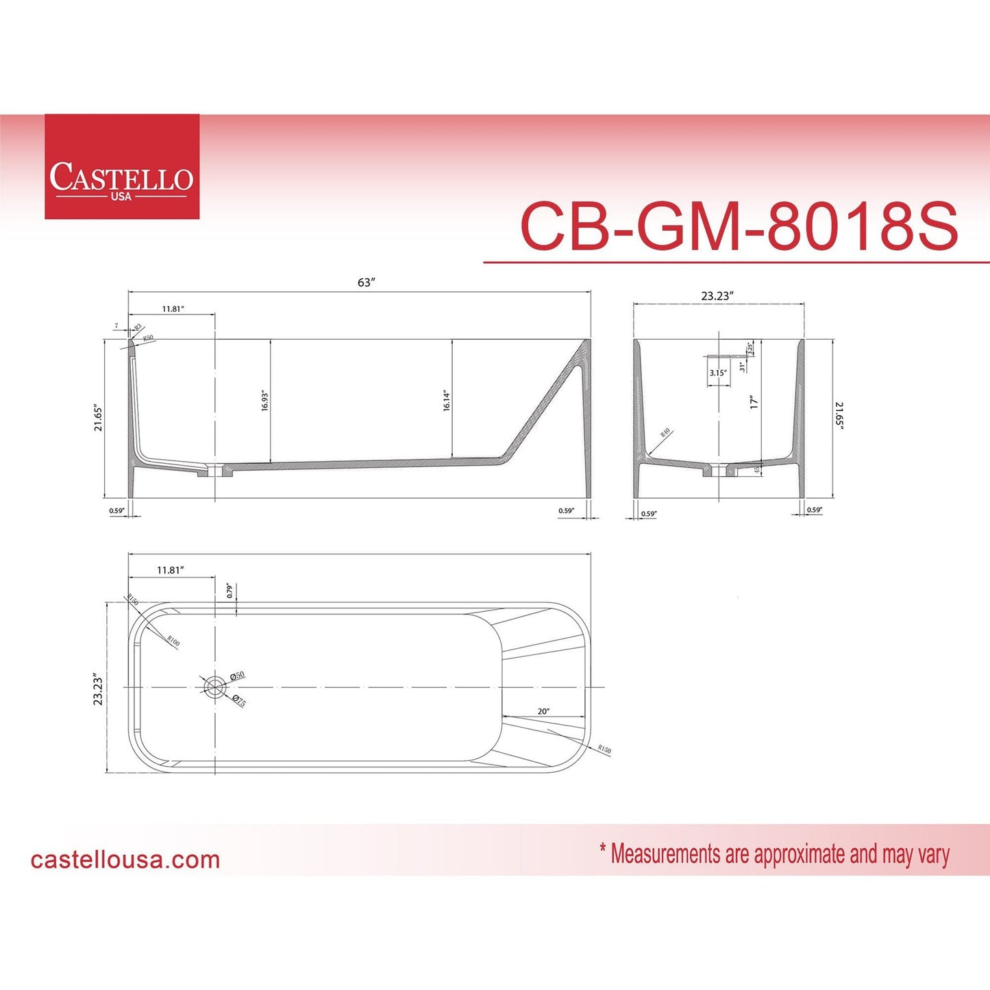 Castello USA Cheyenne 63" White Freestanding Bathtub