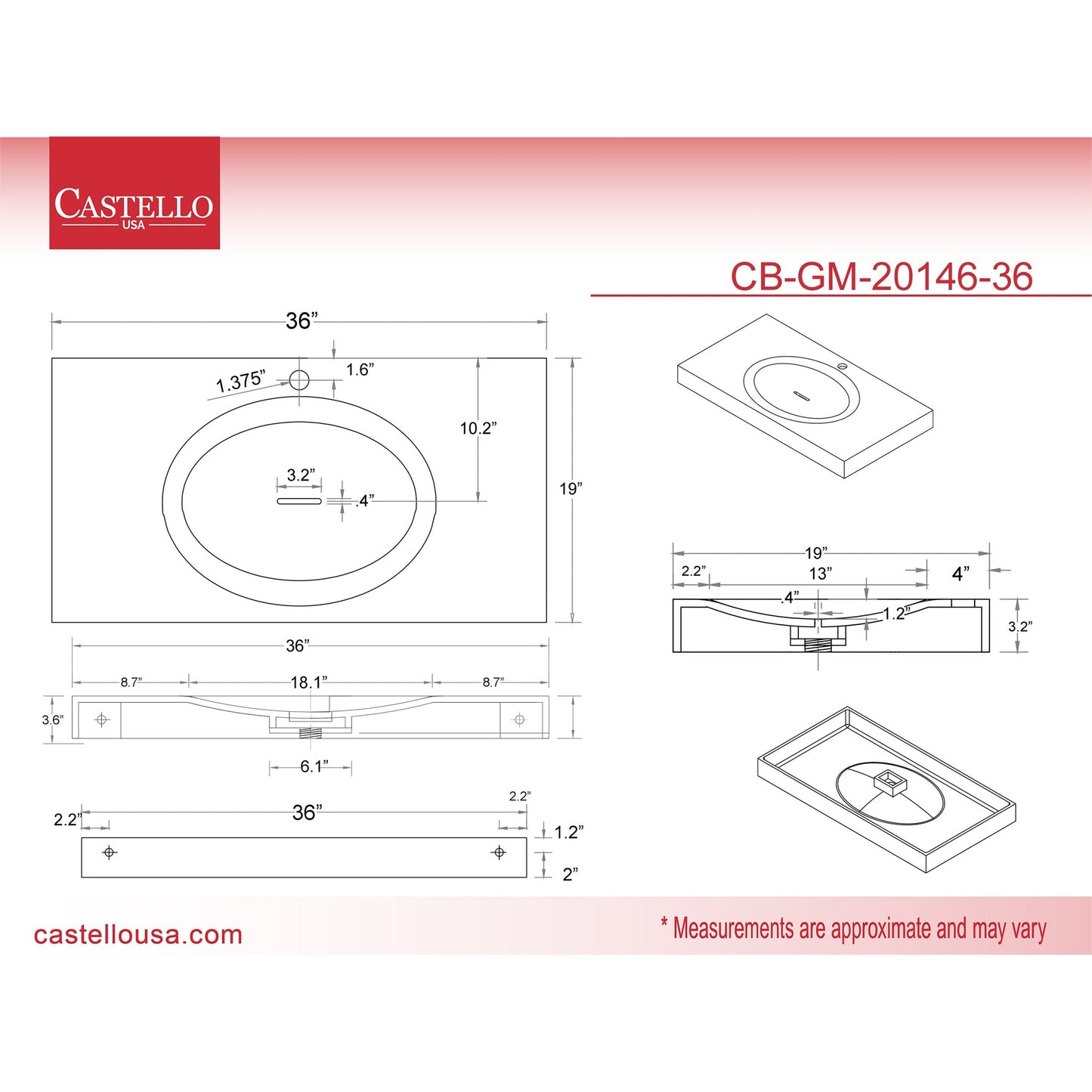 Castello USA Darleen 36" White Wall-Mounted Shallow Basin Bathroom Sink