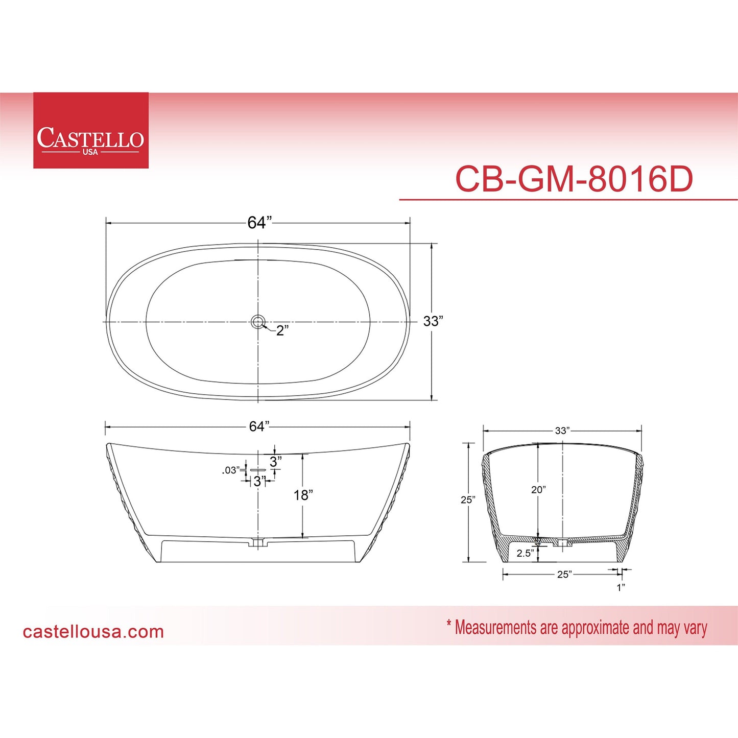 Castello USA Knightsbrook 64" White Diamond Pattern Freestanding Bathtub