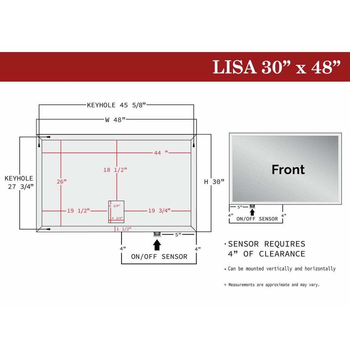 Castello USA Lisa 48" x 30" LED Bathroom Mirror With Sensor Button