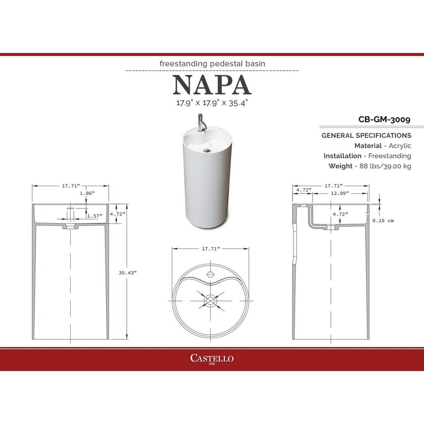 Castello USA Napa 16" White Freestanding Pedestal Sink