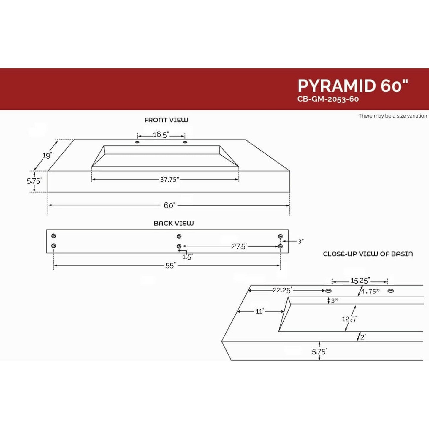 Castello USA Pyramid 60" White Wall-Mounted Bathroom Sink With Faucet Hole