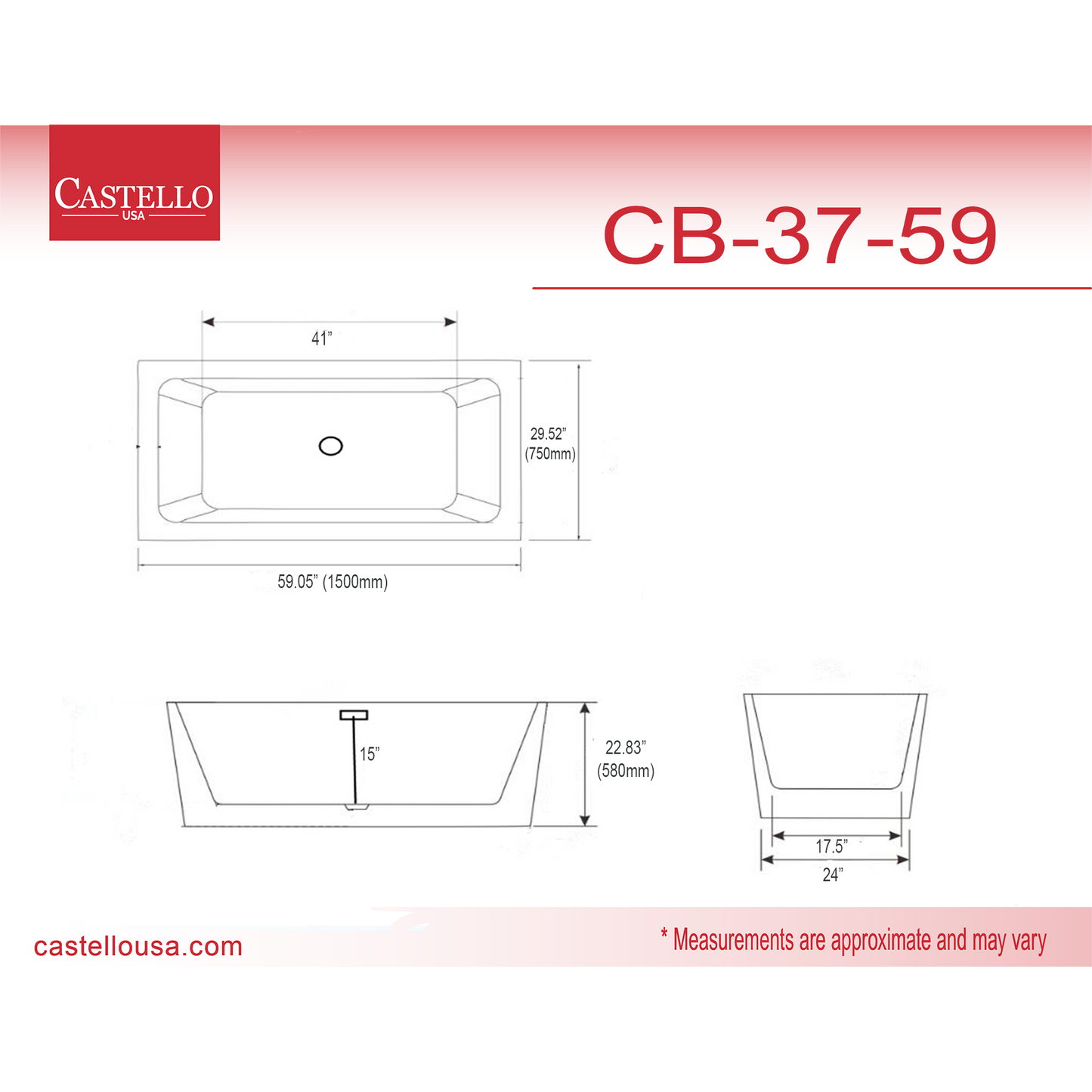 Castello USA Sophia 59" White Freestanding Bathtub With Pop-up Drain and Overflow