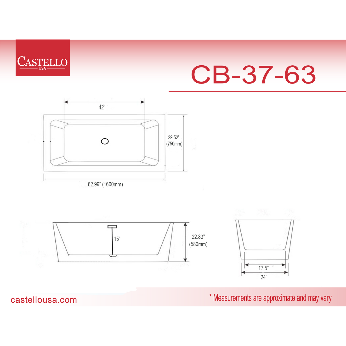 Castello USA Sophia 63" White Freestanding Bathtub With Pop-up Drain and Overflow