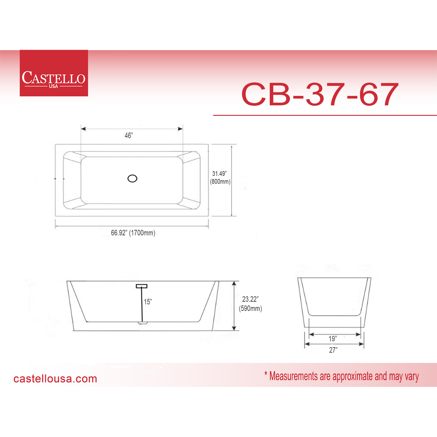 Castello USA Sophia 67" White Freestanding Bathtub With Pop-up Drain and Overflow