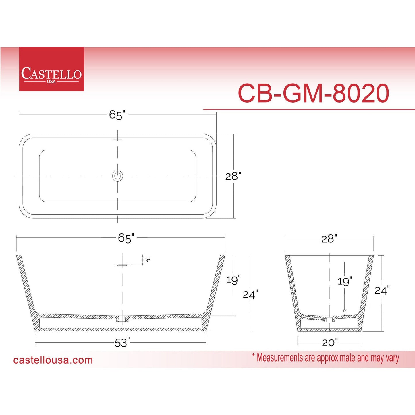 Castello USA Venice 65" White Freestanding Bathtub With and