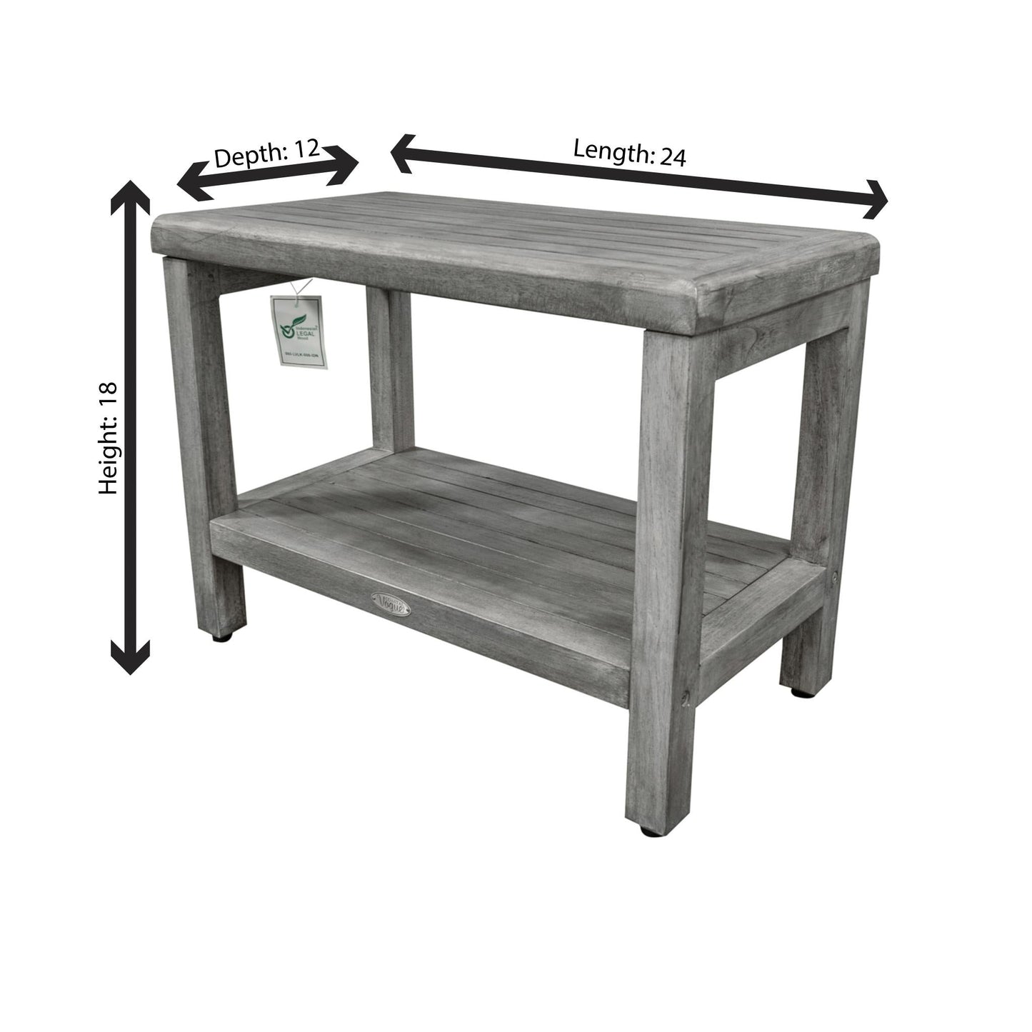 CoastalVogue Eleganto 24" Antique Gray Solid Teak Wood Shower Bench With Shelf