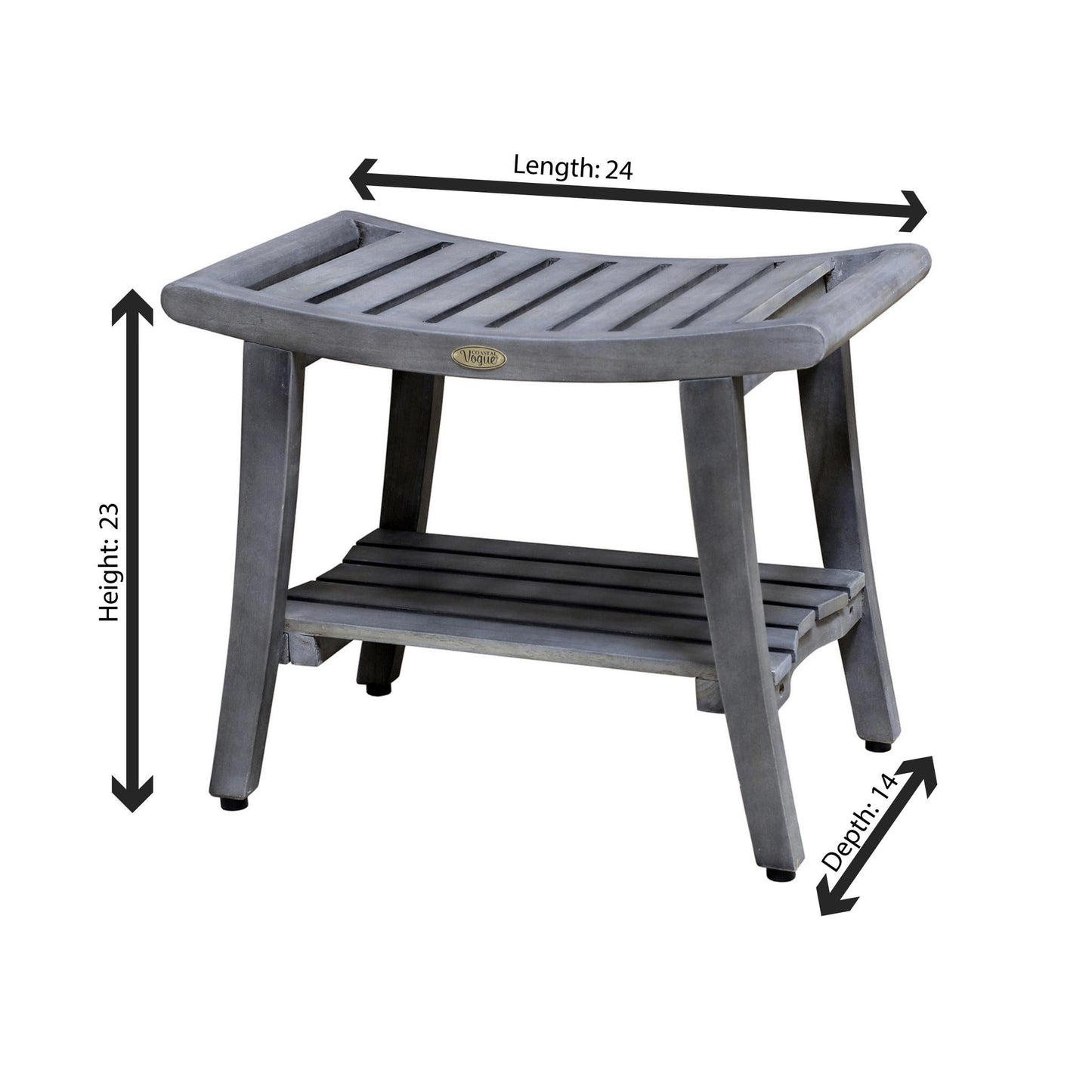 CoastalVouge Harmony 24" Antique Gray Solid Teak Wood Shower Bench With Shelf and LiftAide Arms