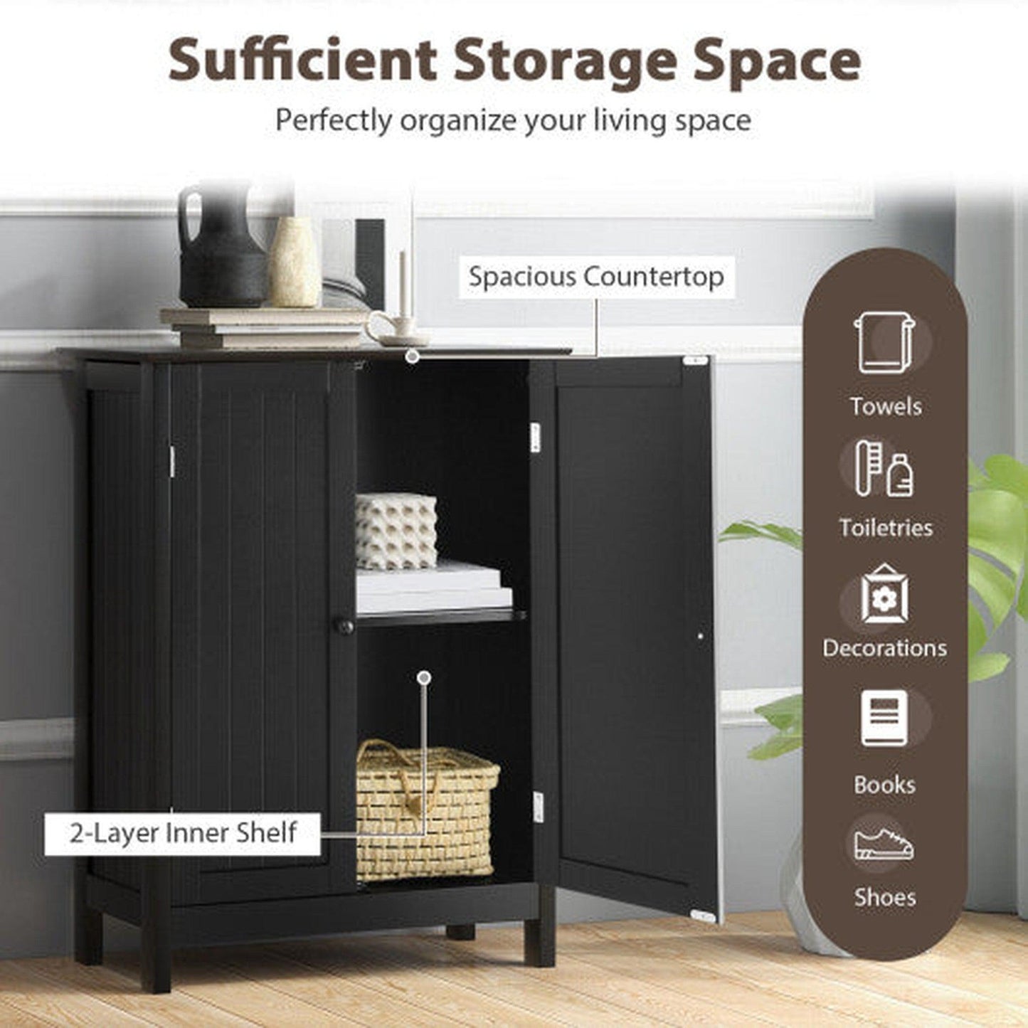 Costway 2-Door Black Freee-Standing Bathroom Cabinet with Shelf