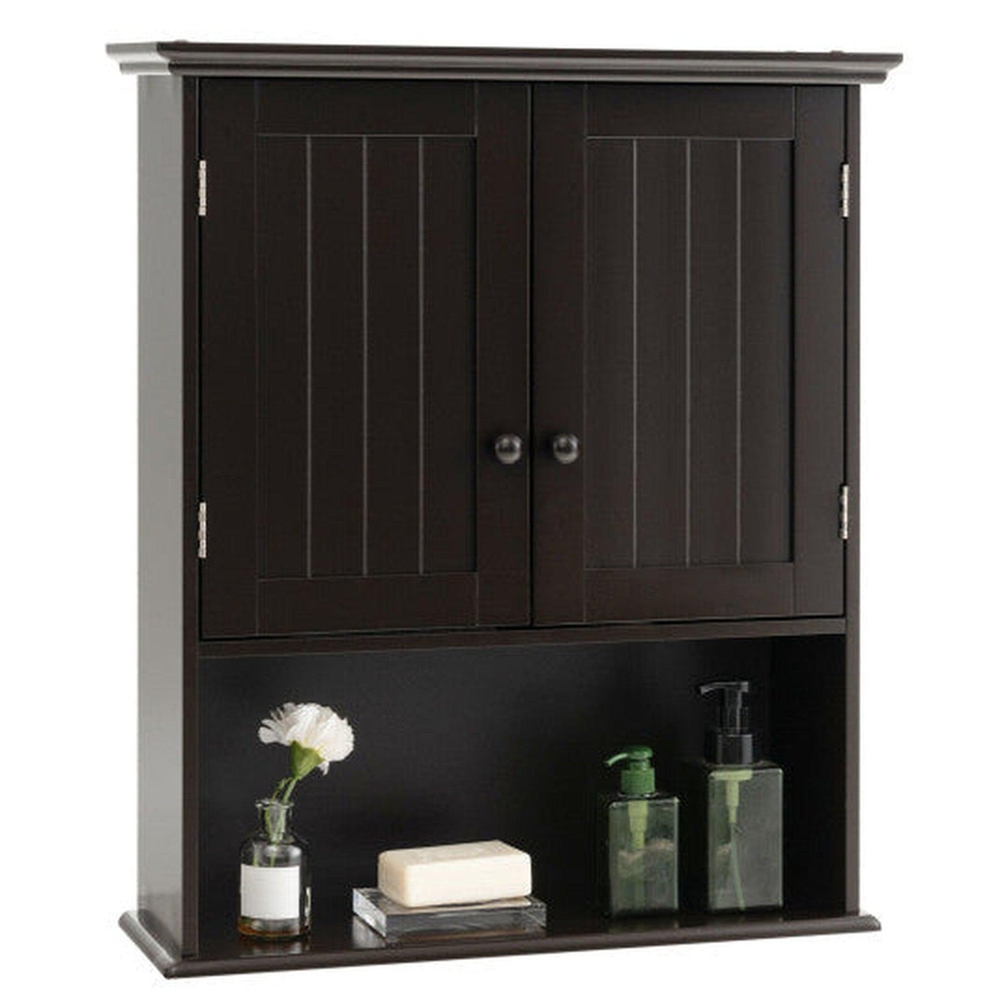 Costway 2-Door Espresso Wall Mount Bathroom Storage Cabinet with Open Shelf