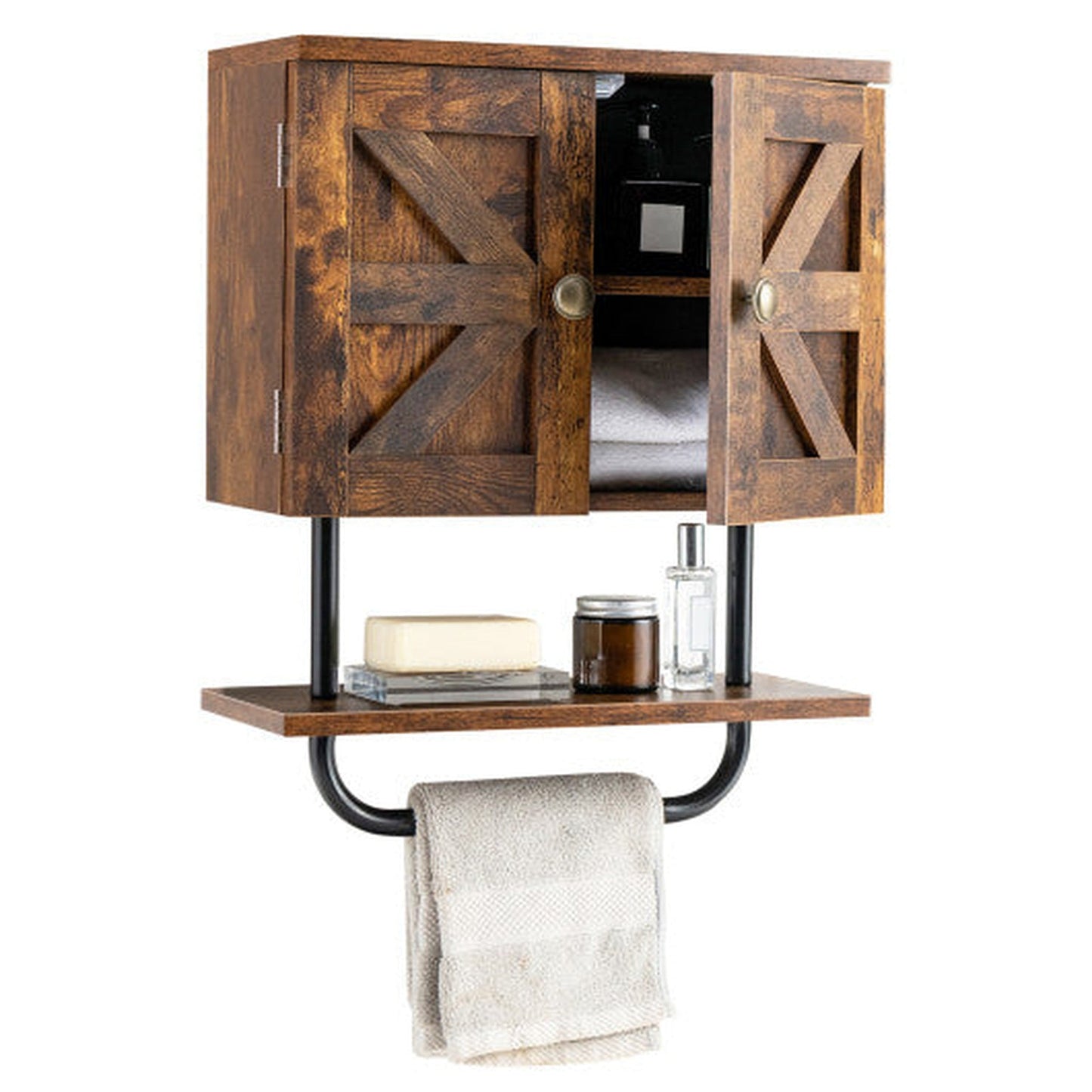 Costway 2-Door Rustic Brown Bathroom Wall-Mounted Medicine Cabinet with Open Shelf and Towel Rack