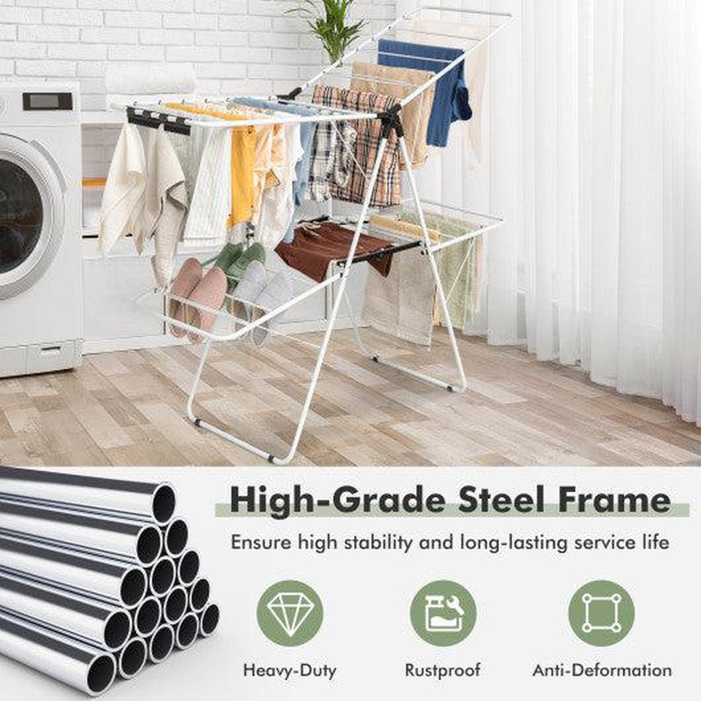 Costway 2-Level Foldable Clothes Drying Rack with Adjustable Gullwing