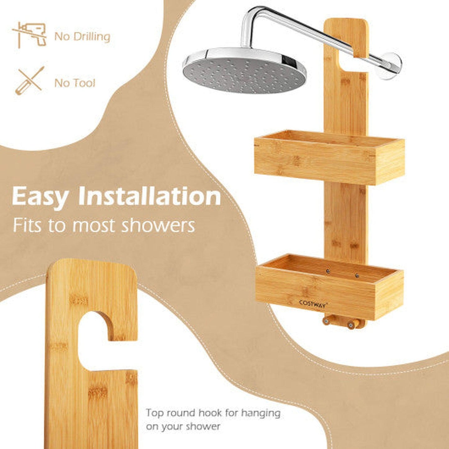 Costway 2-Tier Natural Bamboo Hanging Shower Caddy Bathroom Shelf with 2 Hooks