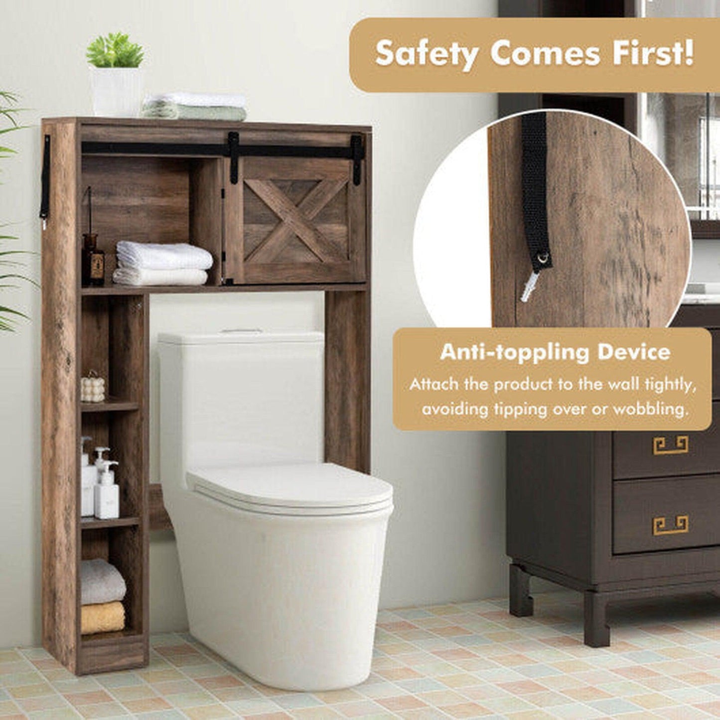 Costway 4-Tier Brown Over The Toilet Storage Cabinet with Sliding Barn Door and Storage Shelves