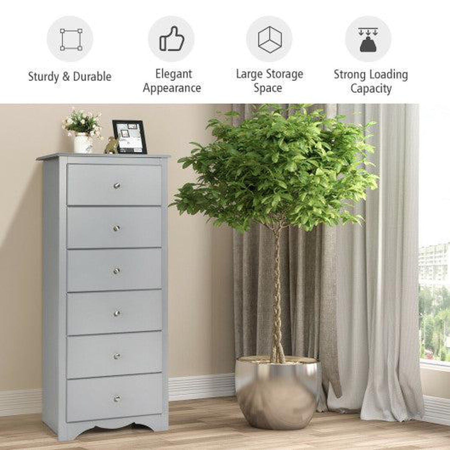 Costway 6-Drawer Gray Chest Dresser Clothes Storage Bedroom Furniture Cabinet
